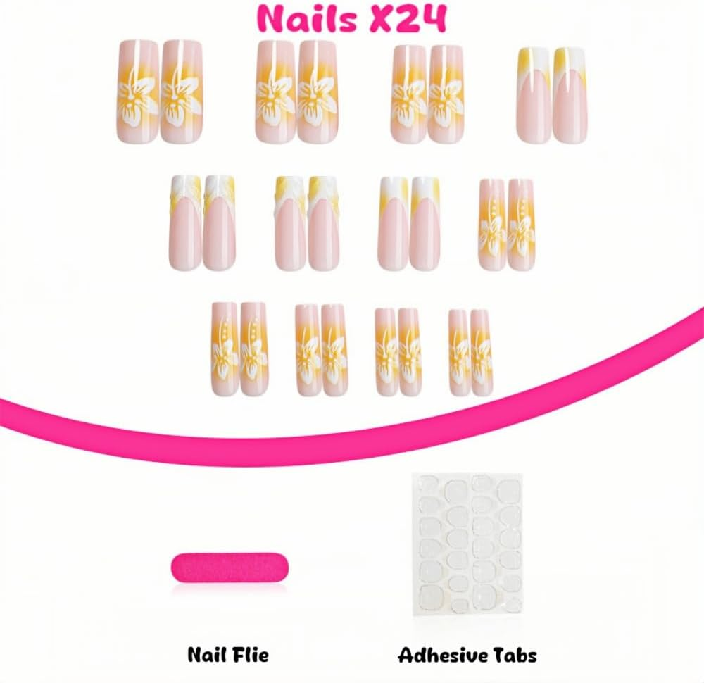 24Pcs French Tip Press on Nails, Ink Green Chinese Style Fake Nails, Almond French Tip Press on Nails for Women/Girl (Yellow, 24Pcs) image number 2