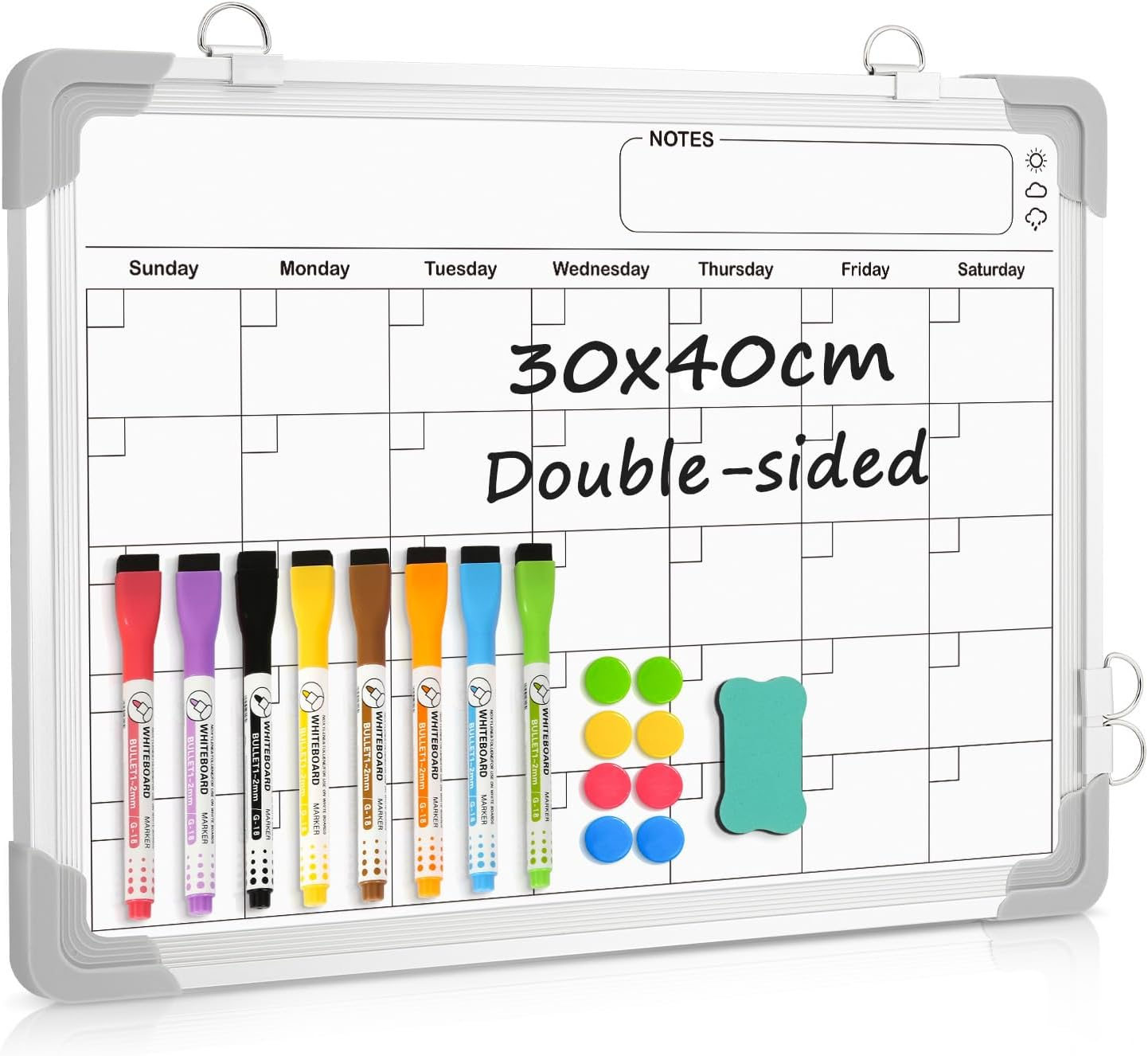 QUEENLINK Magnetic Whiteboard with Aluminum Frame, 30 X 40 Cm Double-Sided White Board, Includes 8 Markers, 1 Eraser, 8 Magnets, Hanging Board for Office, Classroom, Home Study