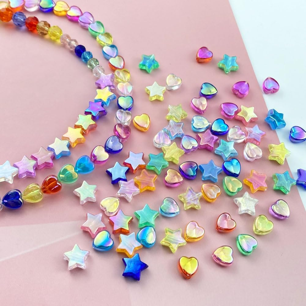 600 PCS Acrylic Beads Heart Star Shape Beads Clear Acrylic AB Colors Bead Assortments Colorful Flat Bead-In-Bead Loose Beads Spacer for DIY Necklace Bracelet Jewelry Craft Making (Deep Lake Blue AB)
