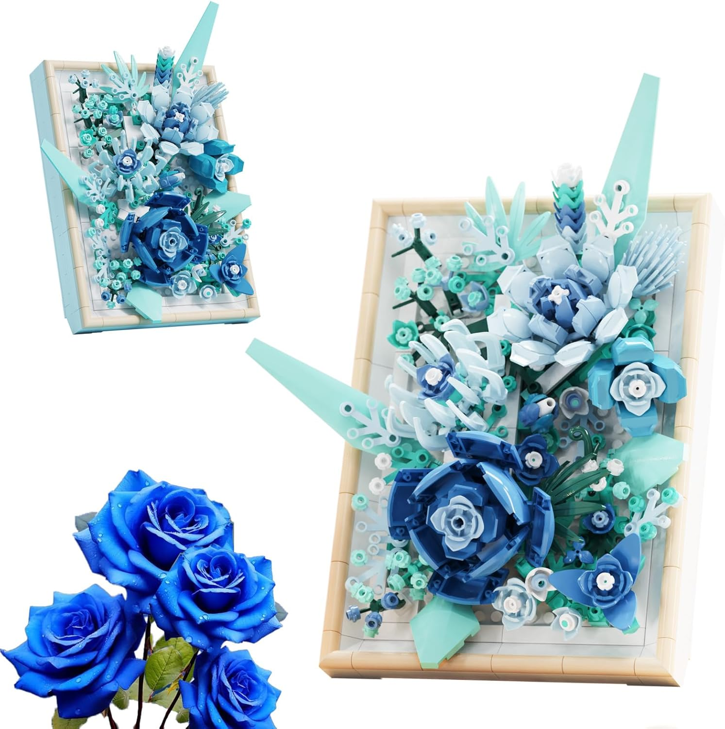 Flowers Building Block Set Compatible with , DIY Blue Roses Picture Frame, Home Office Decor, Wall Art Botanical Collection Gifts for Adults Teens Age 8+(728 Pcs)