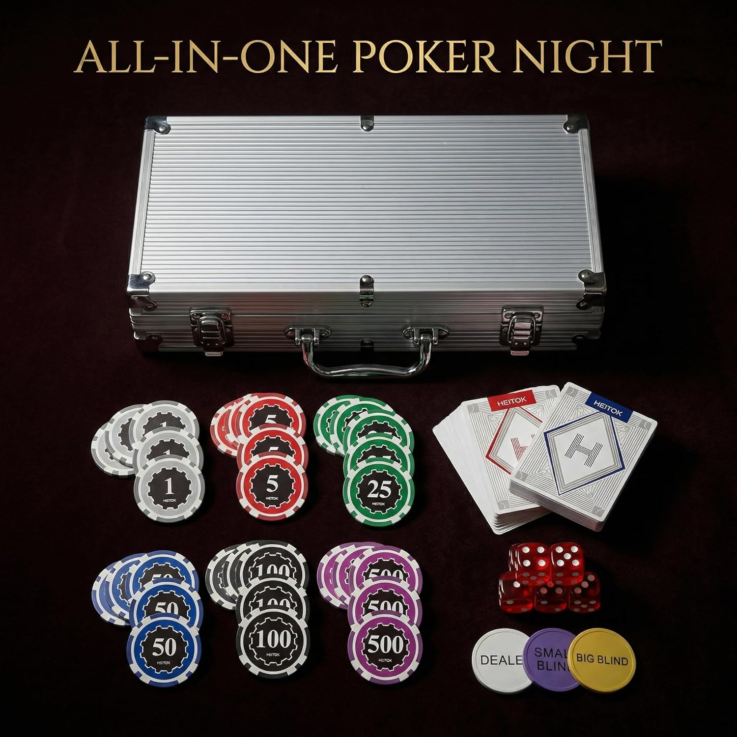 Poker Chips Set with Denominations, 300Pcs 11.5G Weighted Casino Chips, Aluminum Carrying Case, 2 Decks, 5 Dice & Dealer Buttons - for Texas Hold'Em, Blackjack, Family & Party Games image number 2