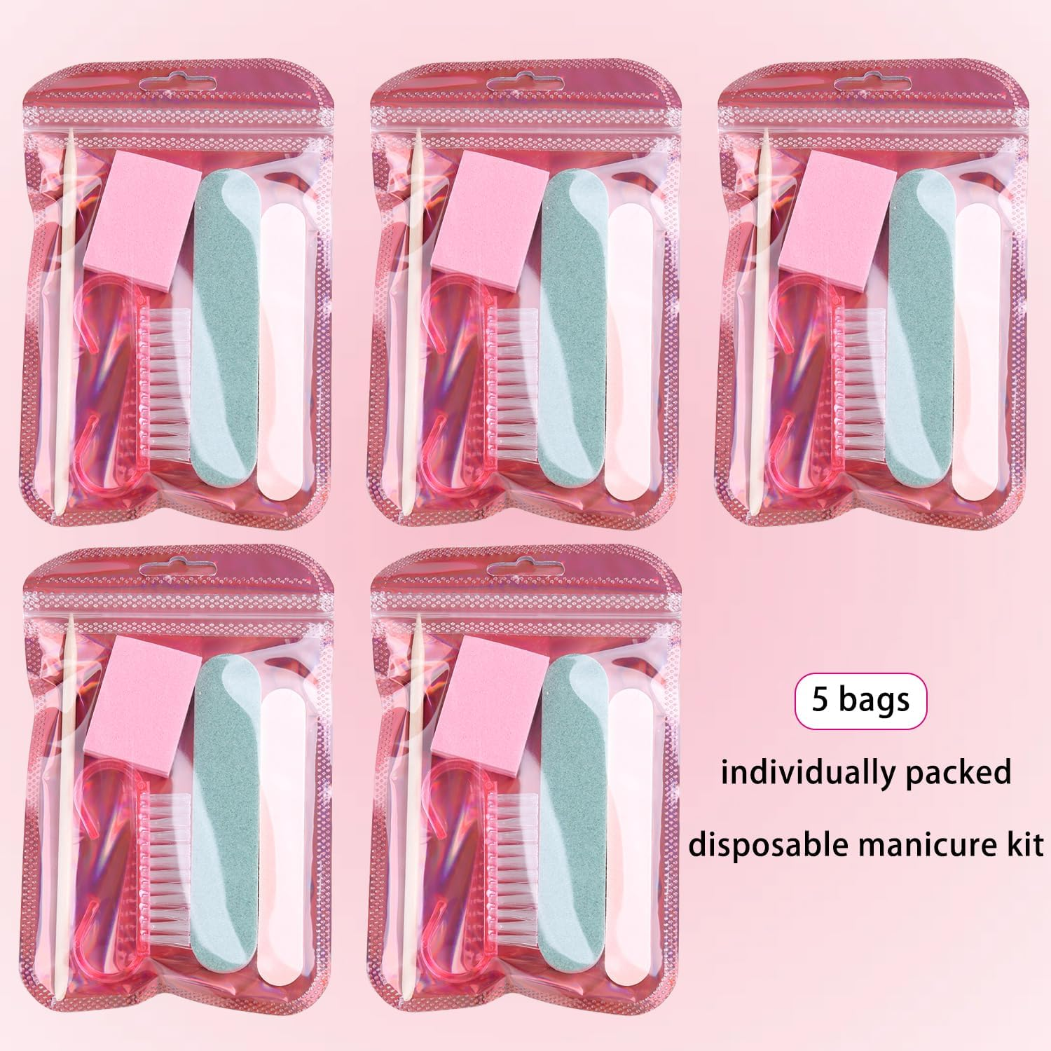 Fcozpjk Disposable Manicure Kit Basics 5PCS Nail Kit, Mini Nail Files Buffers Bulk Handle Grip Brush Orange Wood Stick Individually-Packed Pedicure Set for Fingernails Toenails Salon Supplies 5 Packs