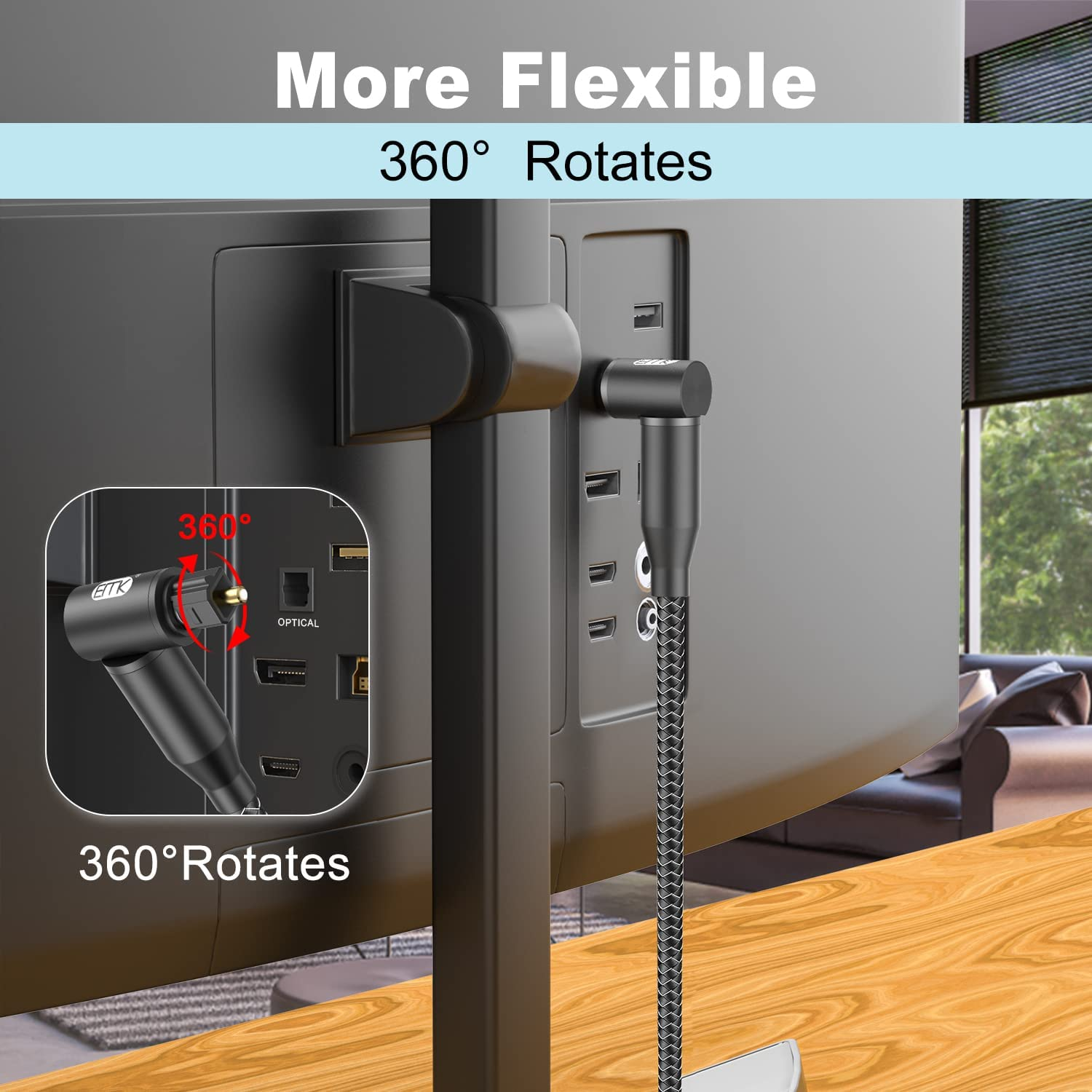 EMK Right Angle Optical Audio Cable Digital Toslink Cables (Gold-Plated Joint, 90 Degree Fiber Optic, SPDIF to TOSLINK, Corner Plug Optic) Optical Cable for Soundbar to TV, DVD, Speaker (0.3M)