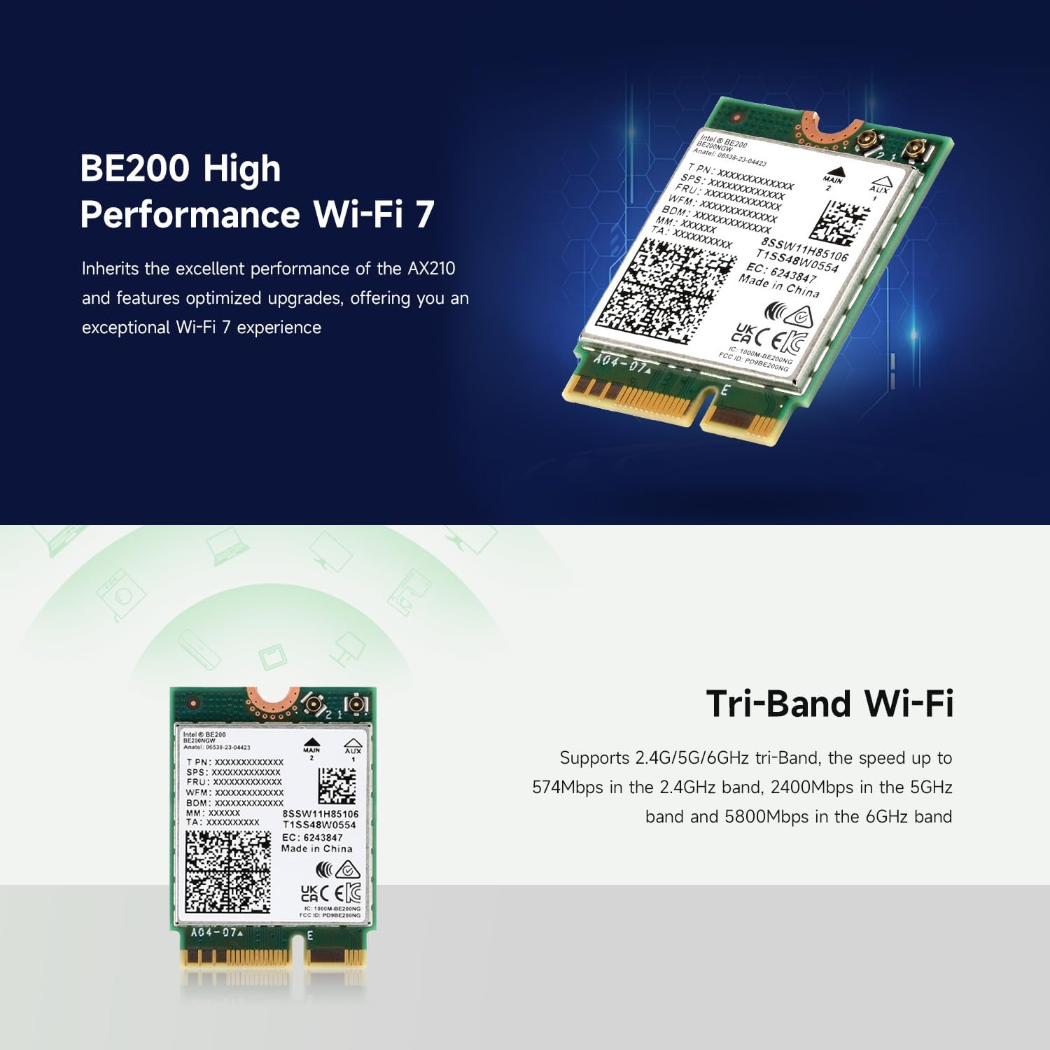 Waveshare Wire-Less BE200 NIC, Gigabit Tri-Band W-F 7, IEEE 802.11A/B/G/N/Ac/Be/Ax Standard, BLT 5.4 image number 5