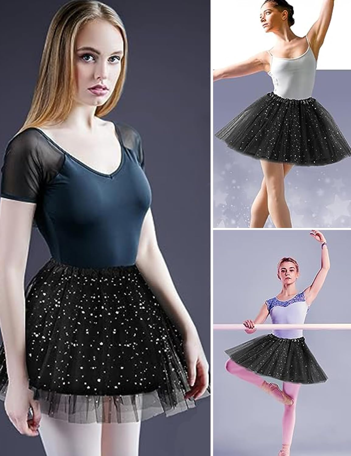 JIRONN Sparkle Tutu Skirt Ballet Dance Skorts for Women, Elastic 3 Layered Tulle Tutu Skirt with Sequin Stars Retro Bubble Skirt, Classic Tutu Skirt 1950'S Glitter Tulle Vintage Petticoat - Bk image number 3