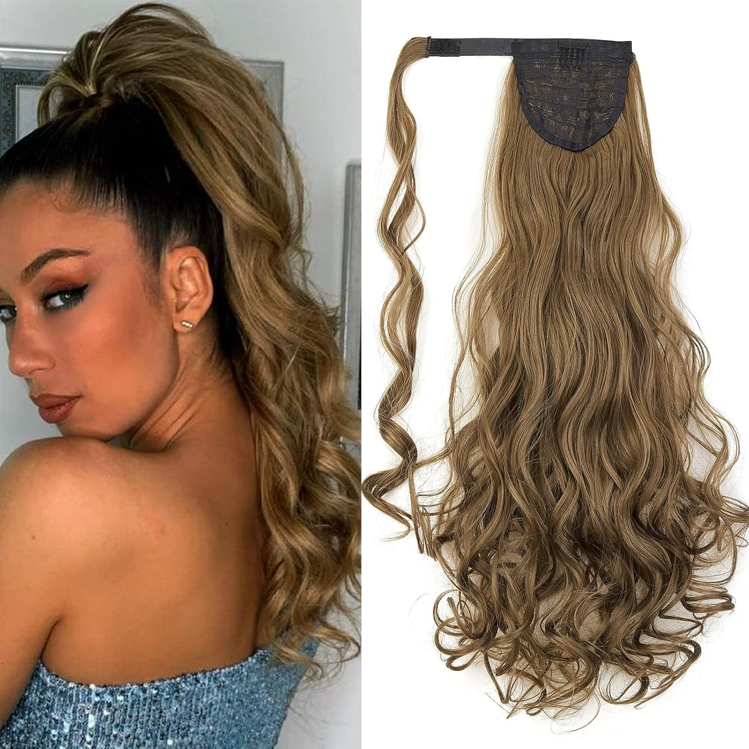 Gairyan Clip in Ponytail Extensions 24 Inch Golden Brown Hair Extension Long Curly Wave Ponytail Wrap around Pony Tails Synthetic Hairpiece for Women Natural Looking image number 3