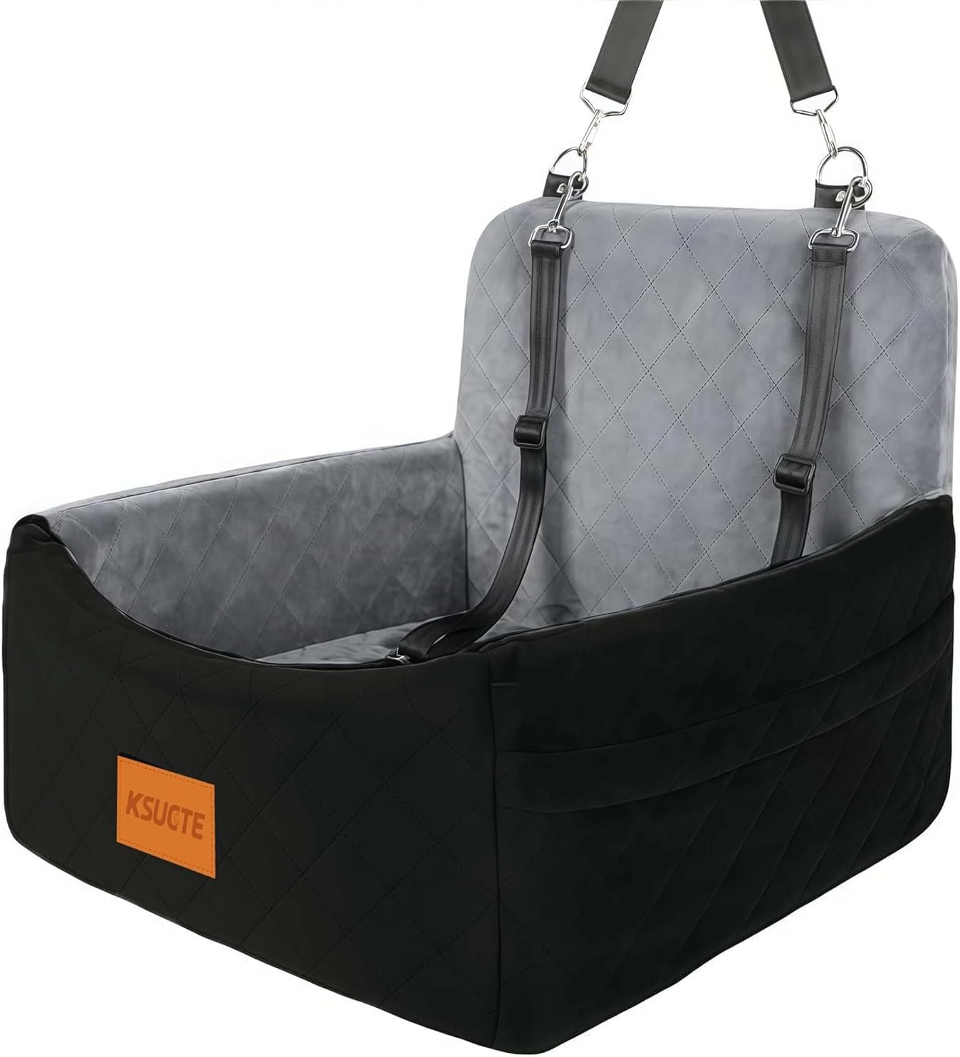 Dog Car Seat for Small Dogs under 30Lbs, Comfy Travel Bed with Washable Cover, 2 Safety Leashes & Storage Pockets, Anti-Slip Base, Easy Install for Cars & Suvs (Black/Grey, 45 * 45 * 35Cm)