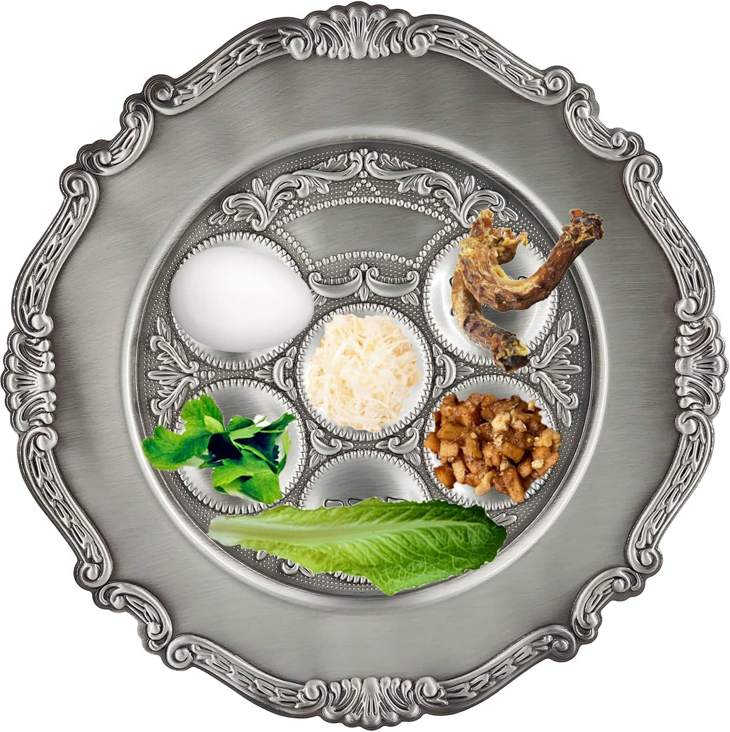 The Dreidel Company Lowest Priced Traditional Passover Seder Plate 12", Traditional Judaica Passover Seder Plate, Kaarah for Pesach (Single, Traditional Pewter) image number 2