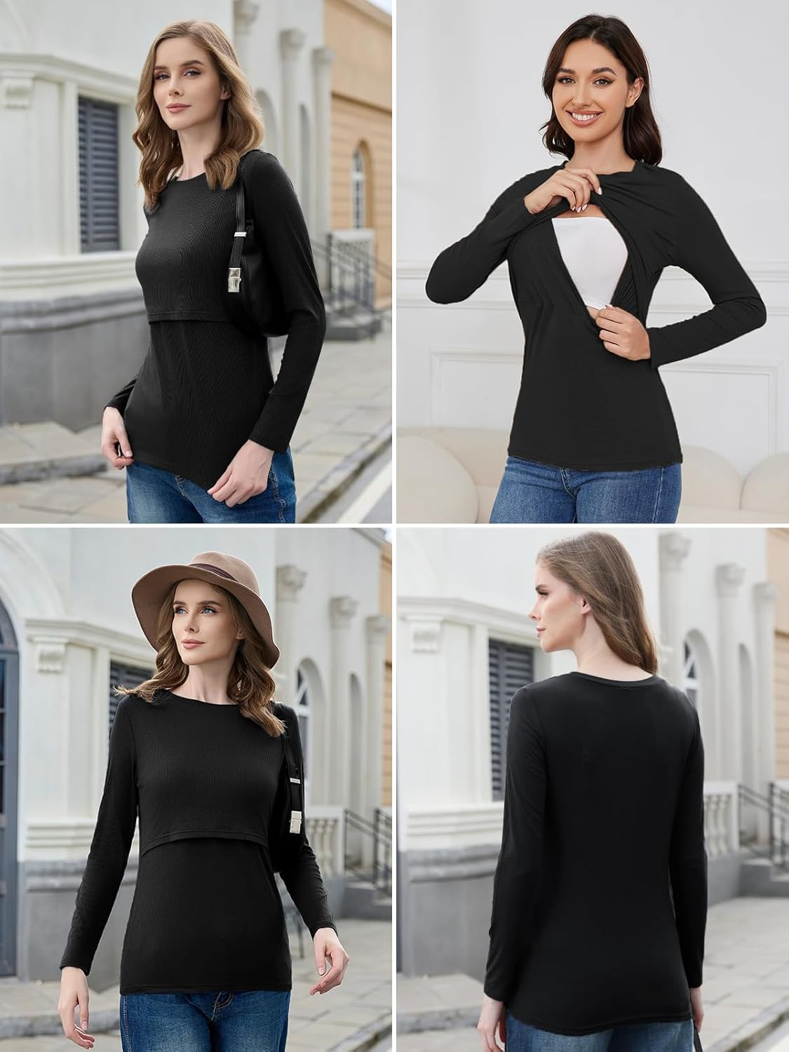 Liu & Qu Women'S Nursing Tops Ribbed Long Sleeves Maternity Shirts Double Layer Breastfeeding Shirts Pregnancy Clothes 3 Pack image number 6