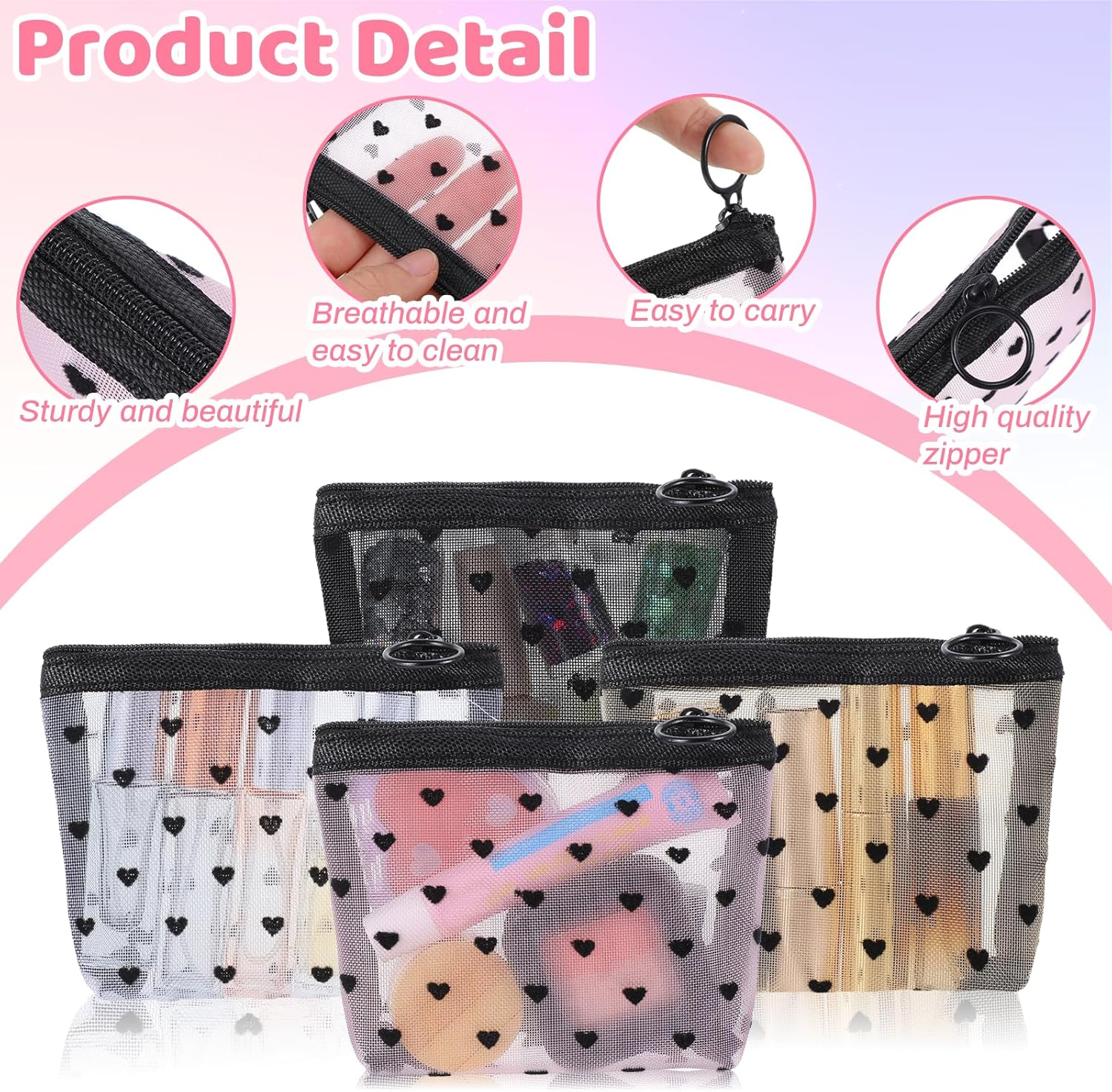 Guduling 4Pcs Mesh Makeup Bag with Zipper, Mini Mesh Pouch, Grid Cosmetic Bag, Heart Print Mini Zipper Cosmetic Bags for Travel and Storage (Pink, Beige, Black, White) image number 5