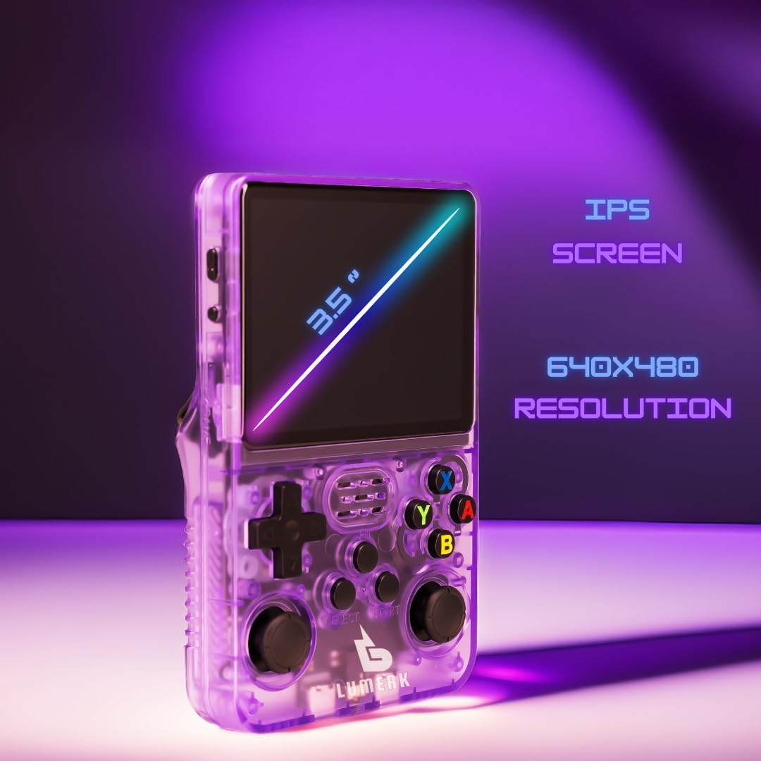 Lumerk R36S Handheld Retro Game Console Air Version(V2.0), 3.5 Inch IPS Screen with Emulator System, 15,000+ Built-In Classic Games, Portable Gaming Console with Dual 3D Joysticks (Transparent Purple) image number 4