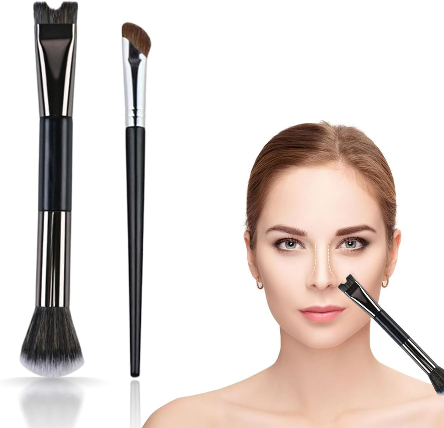 2 Pcs Nose Contour Brush, U-Shaped Contour Brushes for Makeup, Multifunctional Dual-End Fluffy Brush, Soft Mini Angled Flat Concealer Brush for Women Girls Makeup Concealing image number 3