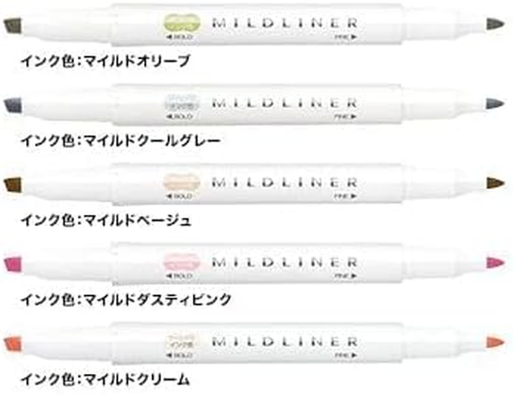 Zebra Line Marker, Thick & Fine Water Based Pigment, Mildliner, Natural Mild Colors, 5 Colors WKT7-5C-NTC