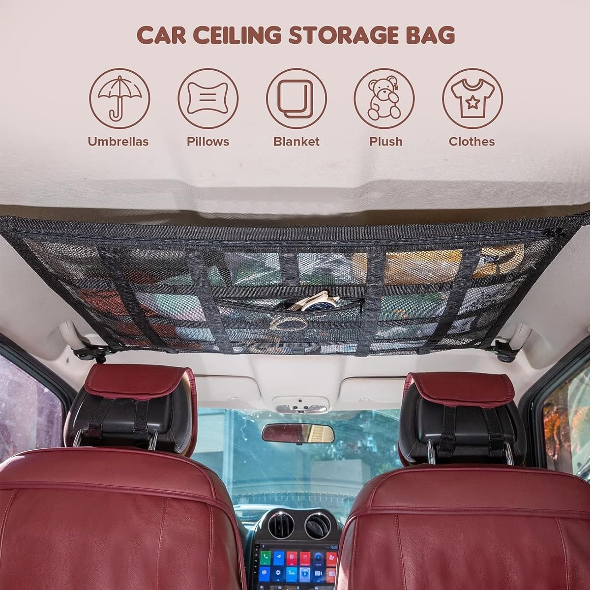 AIMALL Universal Car Ceiling Storage Net, Polyester Roof Cargo Mesh Bag, 35.4 X 25.6 Inches, Black, Ideal for Campervans and Car Organization image number 1