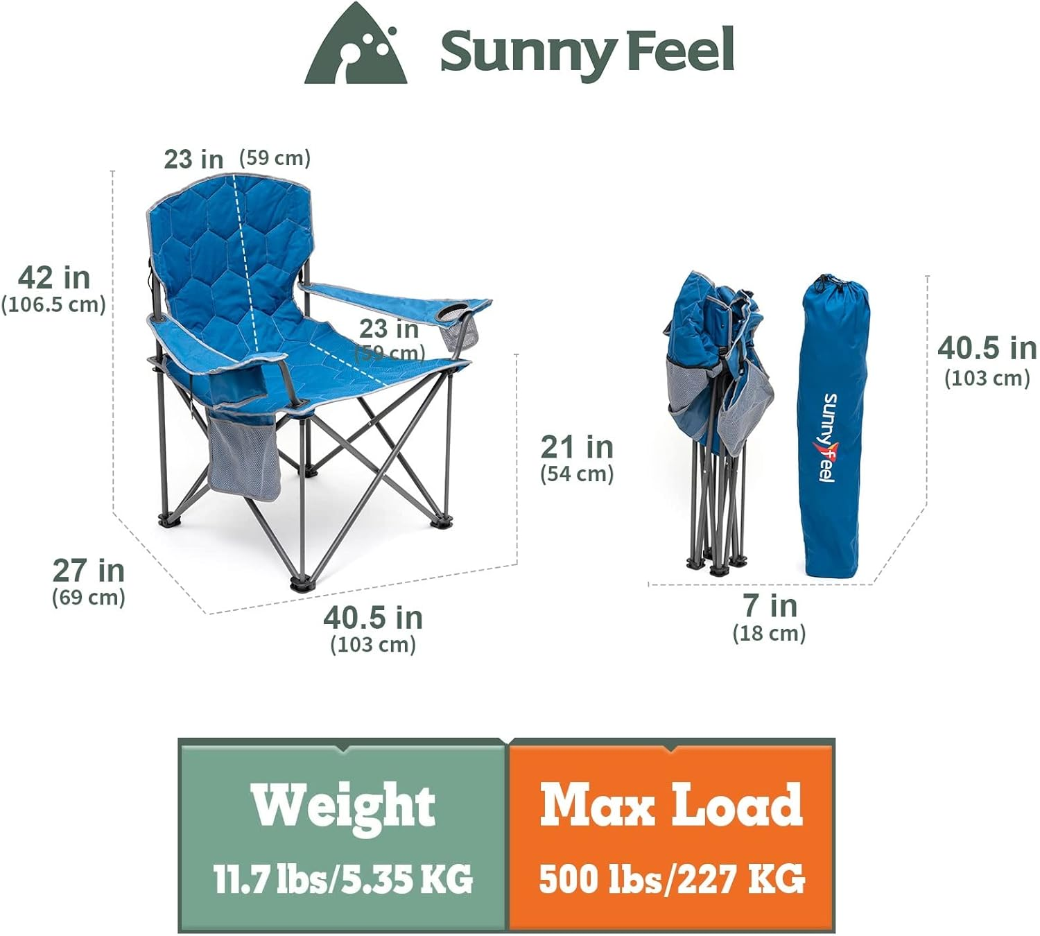 SUNNYFEEL Camping Chair, Oversized Camp Chair Heavy Duty 500 LBS for Big Tall People with Cup Holder & Pocket for Outdoor/Travel/Picnic/Camp (Blue) image number 3