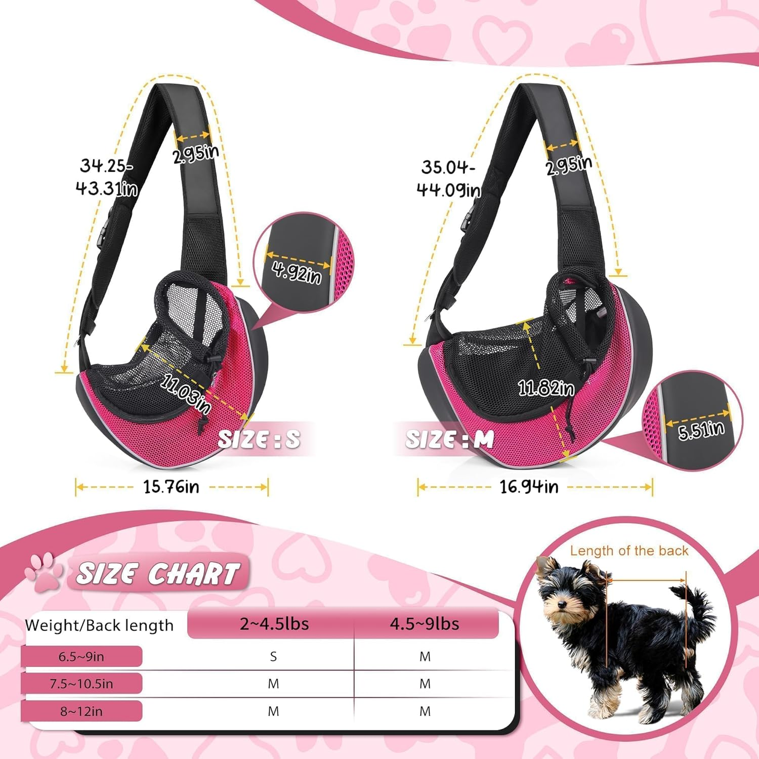 Upgraded Breathable Mesh Dog Sling Carrier for Small Dogs & Cats up to 10Lbs-Detachable Hard Bottom,Adjustable Strap & Large Pocket-Hands-Free Pet Carrier for Women Travel Walking Hiking (Pink Size M) image number 3