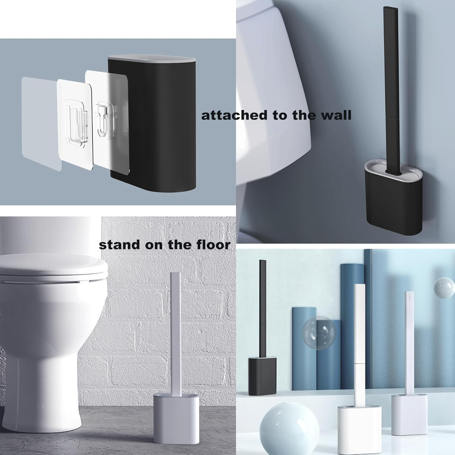 Silicone Toilet Brush-Soft Flat Toilet Brush with Holders,Toilet Brush and Holder Set, Silicone Toilet Brush with TPR Bristles, Wall Mounted and Standing (2 White)