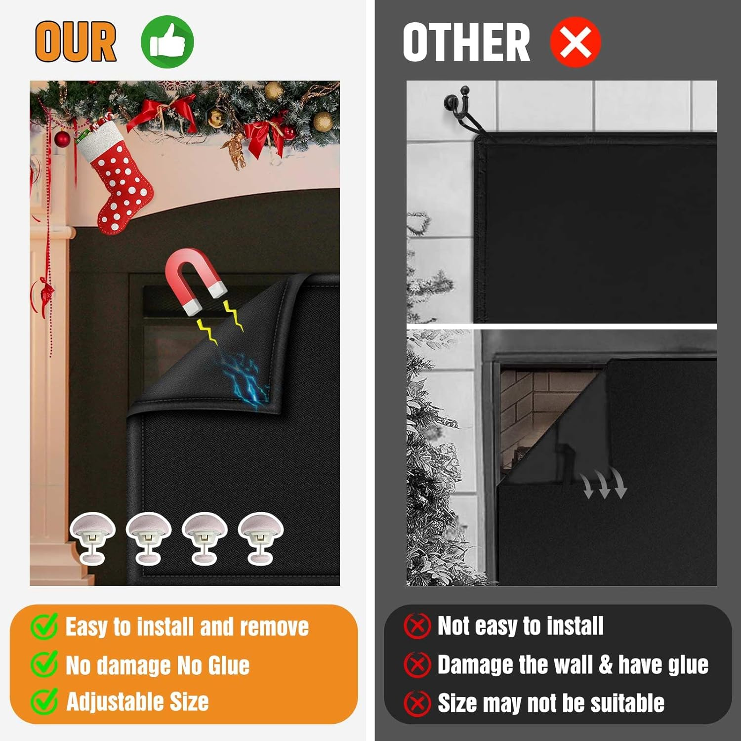 Magnetic Fireplace Draft Cover, Fireplace Blocker Blanket for Heat Loss, Indoor Draft Stopper with 12 Magnets for Iron Fireplace Frame, Fire Place Blanket for Insulation Black 36" W X 32" H image number 1