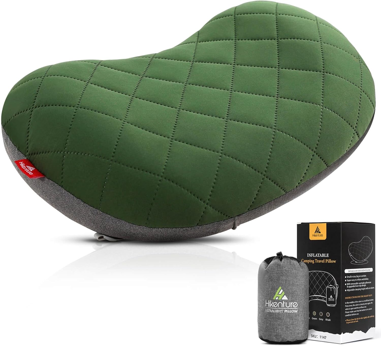 HIKENTURE Camping Pillow-Ultralight Inflatable Pillow with Removable Cover-Comfortable Ergonomic Blow up Pillow - Compressible Beach Pillow-Air Travel Pillow for Neck & Lumbar Support(Green)