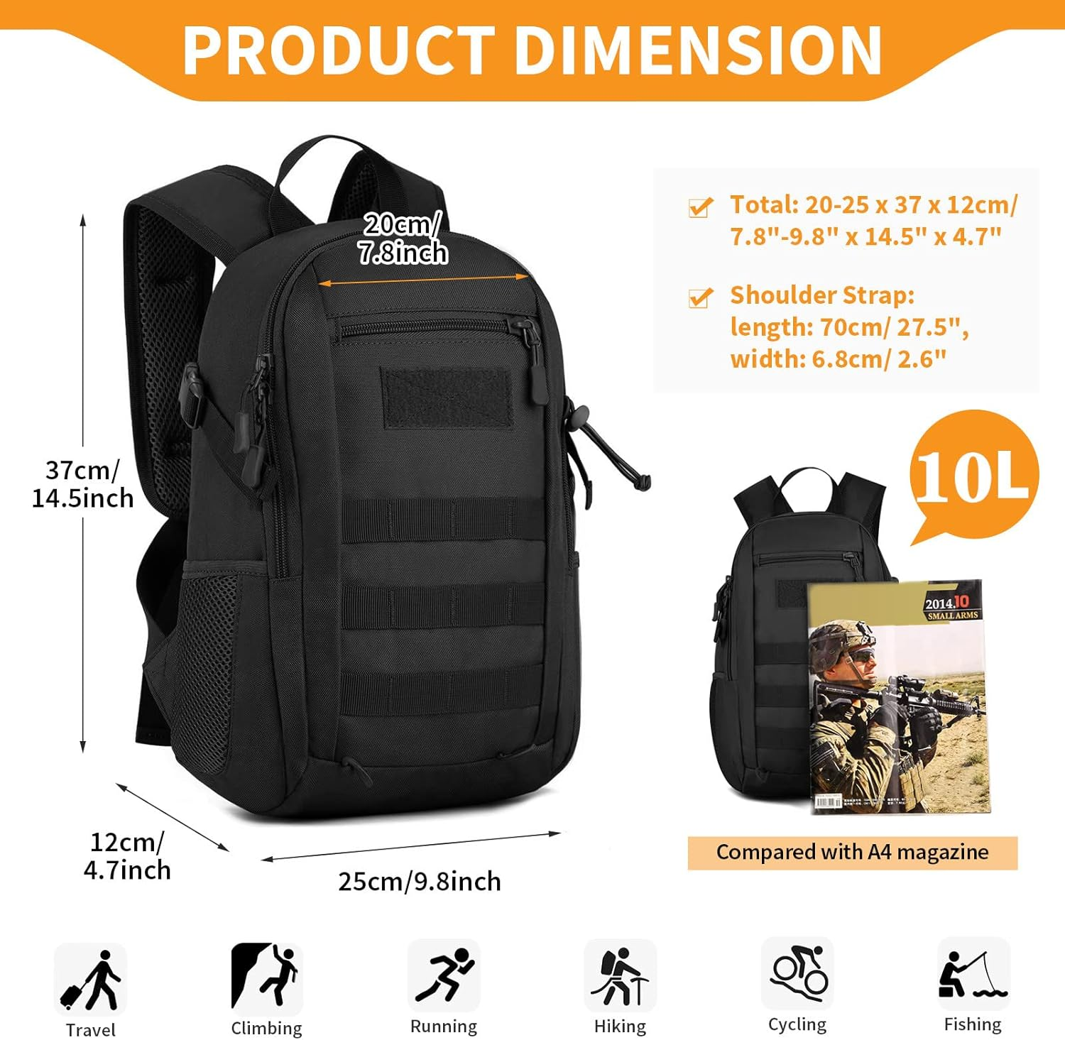 Huntvp 10L/20L Mini Daypack Military MOLLE Backpack Rucksack Gear Tactical Assault Pack Bag for Hunting Camping Trekking image number 7