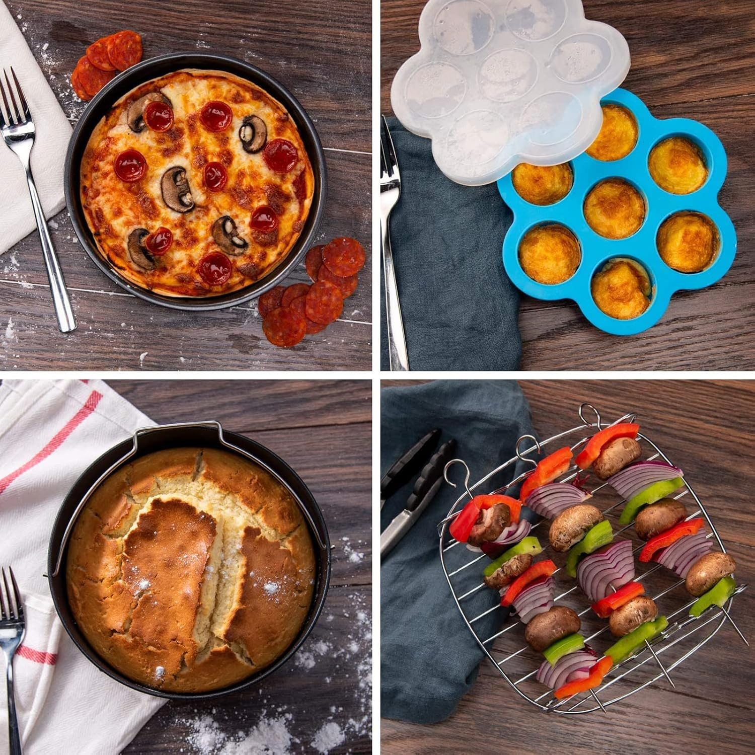 COSORI Air Fryer Accessories Set, Fit All of Brands 5.5 L, Pack of 6 Including Cake Pan/Pizza Pan/Metal Holder/Multi-Purpose Rack with Skewers/Silicone Mat/Egg Bites Mold with Lid image number 2