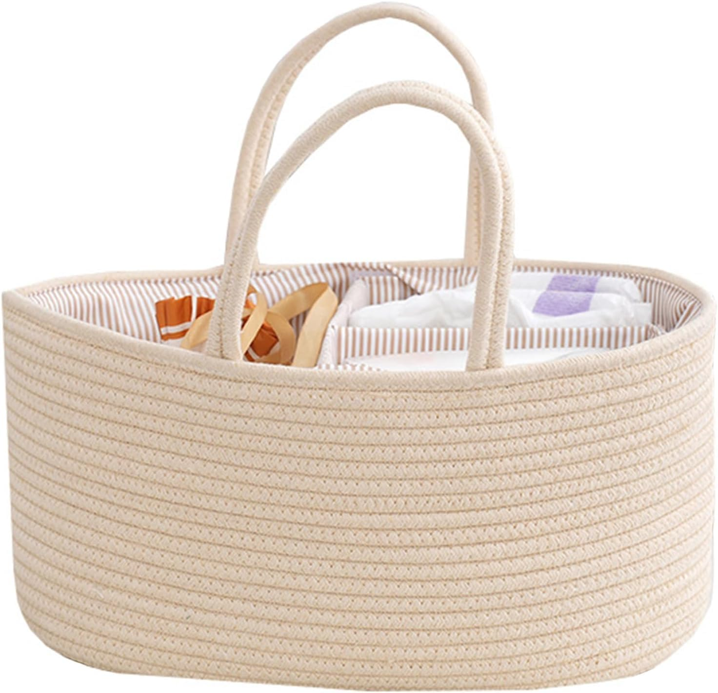 Baby Nappy Caddy, Nappy Organiser, Stylish Nursery Bohemian Cotton Rope Storage Basket, Portable Car Organizer with Removable Inserts, for Storage Nappy and Necessities, 38 X25 X18 CM (Beige)