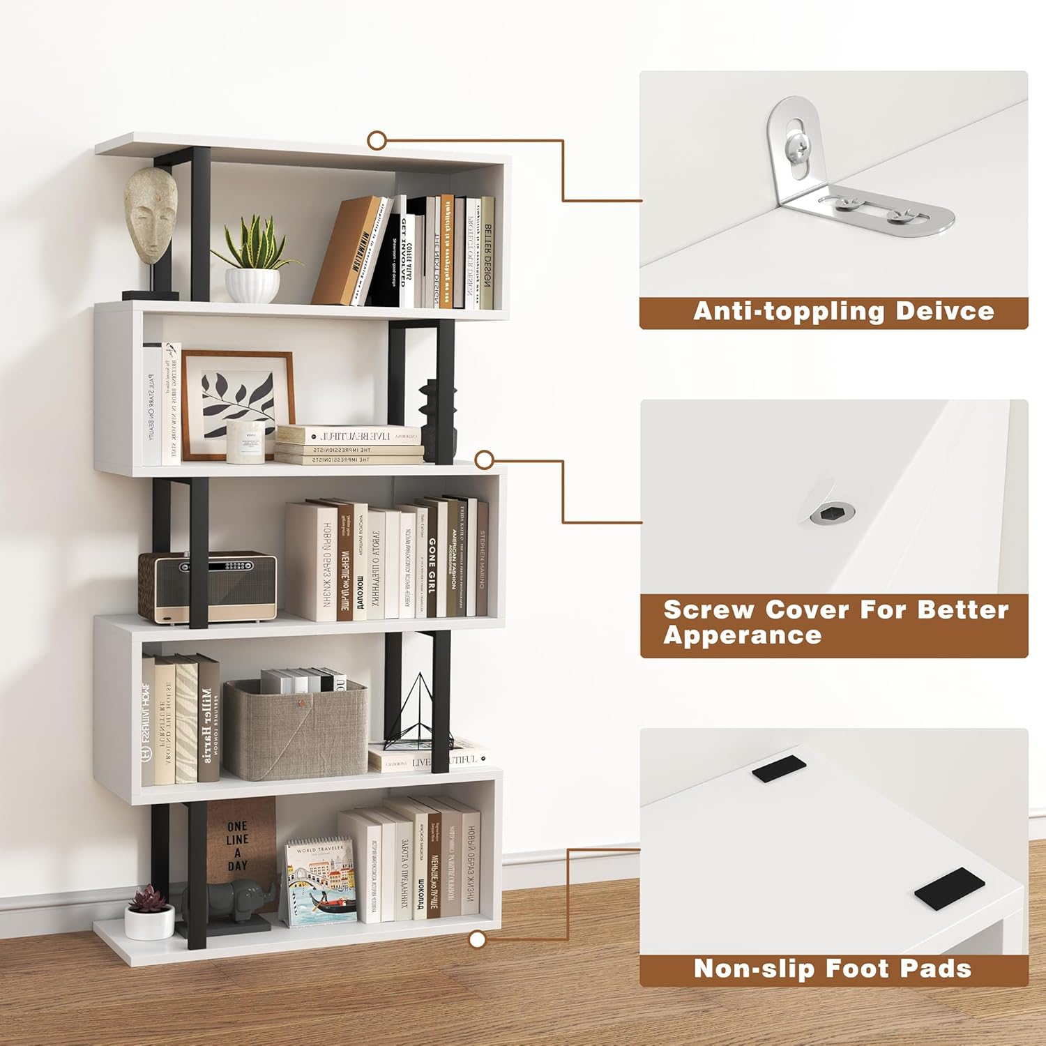 HOMEFORT 5-Tier S-Shaped Bookcase, Geometric Bookshelf for Living Room & Bedroom, Modern Wood & Metal Storage Shelf, Freestanding Display Shelves, Space-Saving Tall Book Shelf White and Black image number 5