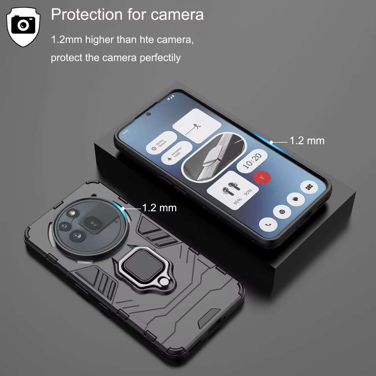 DERHAN Case for Nothing Phone 3A Pro, Armoured Case with Ring Holder + Protective Film [Pack of 2], Mobile Phone Cases Shockproof Protective Case, Mobile Phone Case with Stand - Black image number 3