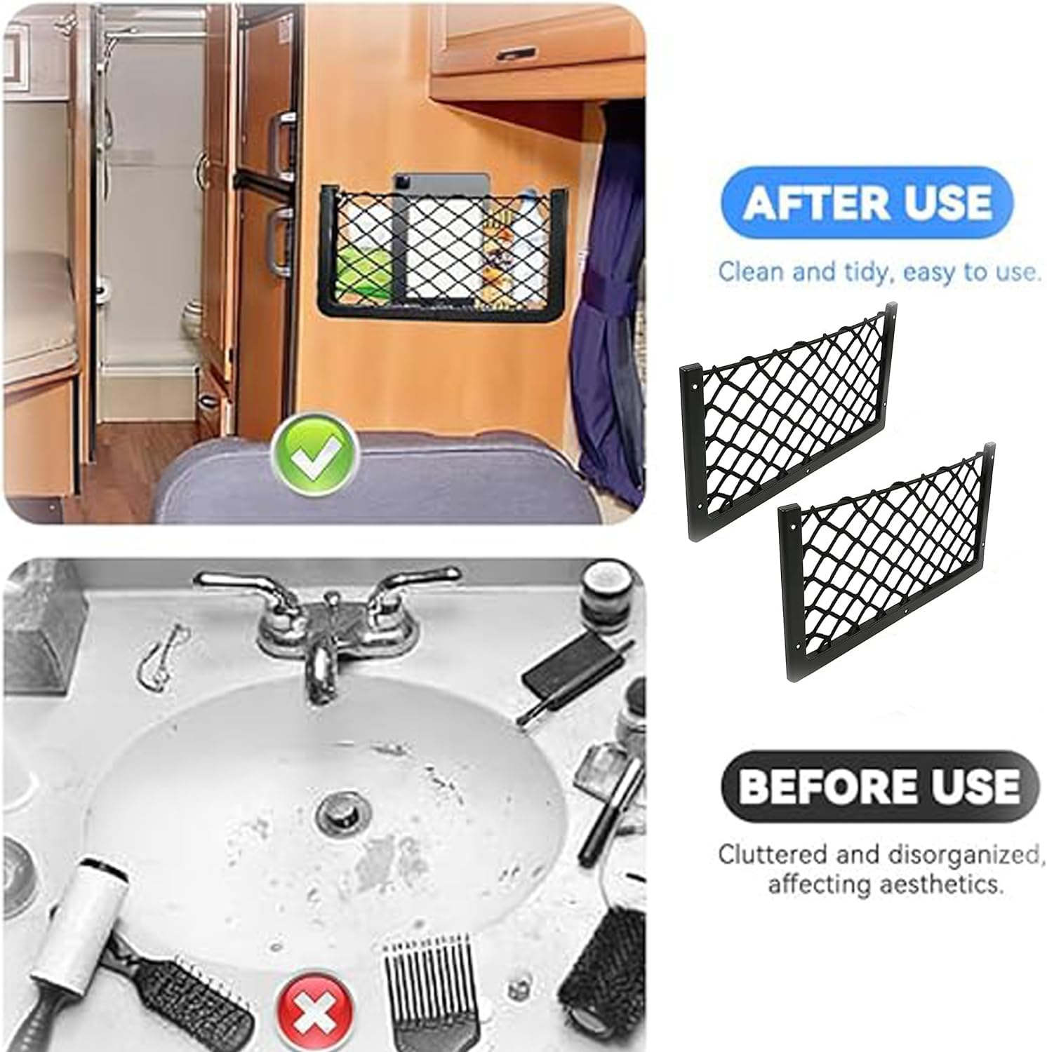 WEZCHUGHAOL Car Campervan Storage Nets 4Pcs, Elastic Mesh Organizer with Durable Plastic Frame &ndash; Fits RV Motorhome Boat Van Truck Accessories (Black) image number 3