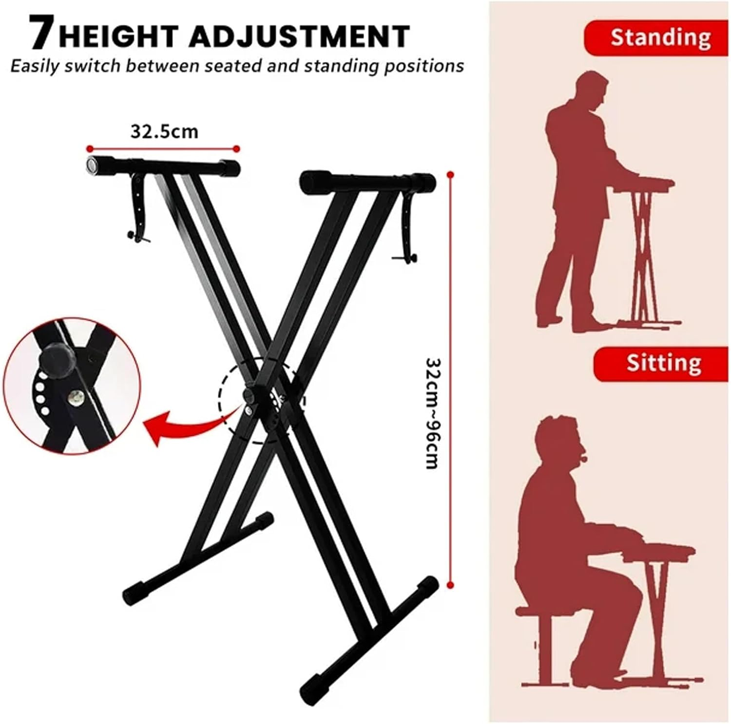 Sulishang Piano Keyboard Stand & Piano Bench Set, Adjustable Portable Piano Set, Heavy Duty X-Shaped Premium Piano Stand Have Locking Chain for 61-Key and 88-Key Keyboard (95CM Keyboard Stand) image number 3