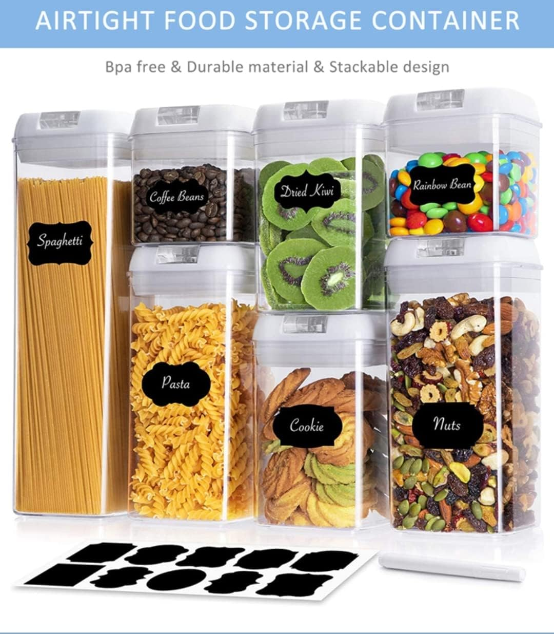 Airtight Food Storage Container 12 Sets with Easy Open & Lock, Air-Tight Dry Fresh Storage Set Bpa-Free Clear Durable Plastic Ideal for Flour, Sugar, Snacks Pantry & Kitchen & Much More &ndash;And Free Labels & Marker. (12 Sets Clear Airtight Container) image number 2