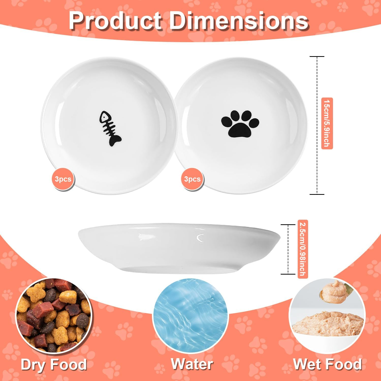 Pack of 6 Cat Feeding Bowls, Ceramic Bowls, 15 Cm Diameter, Cat Feeding Bowl, Cat Bowl for Pet Cats and Puppies