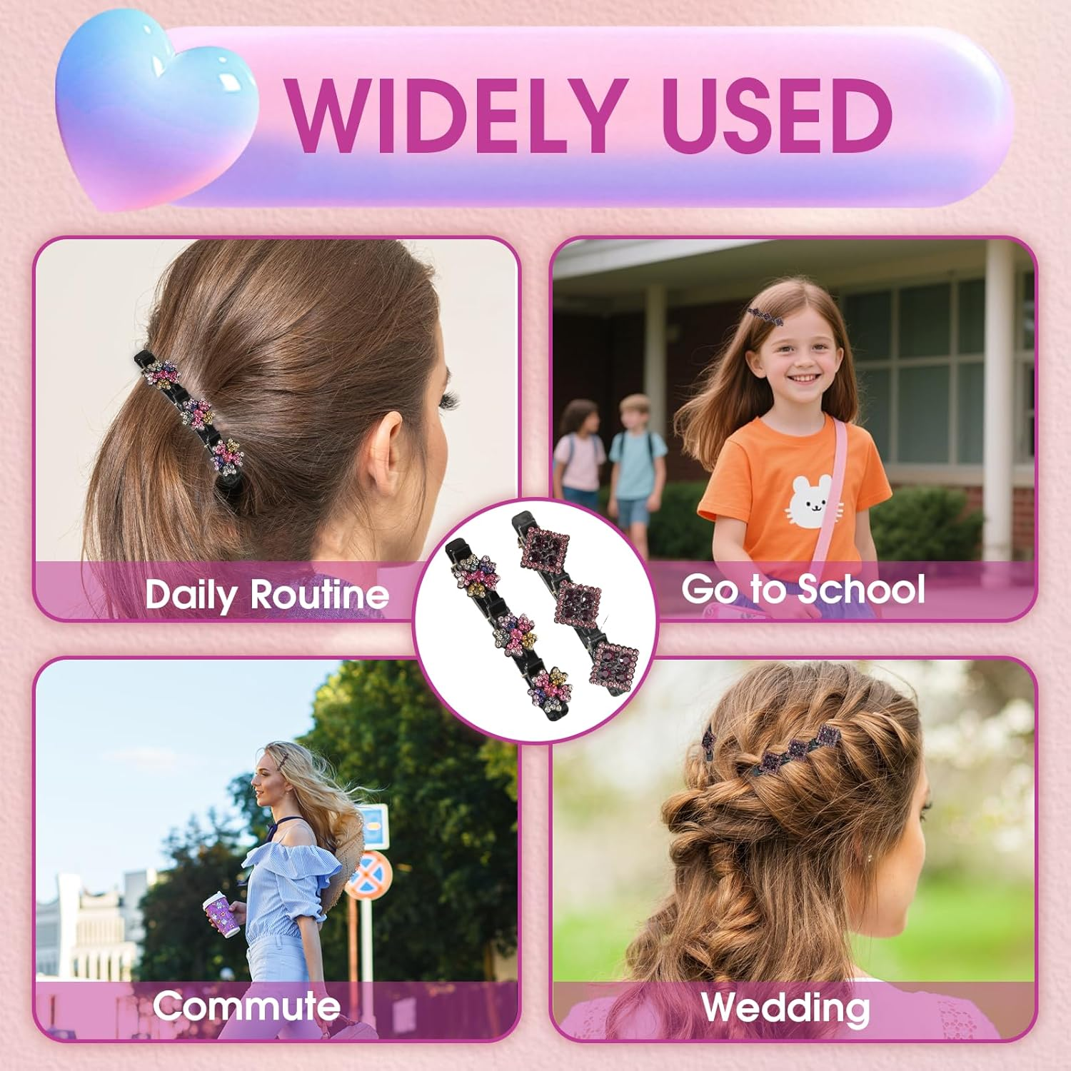 Pack of 6 Braided Hair Clips, Crystal Flowers Sparkling Double Layer Hair Clips Robust Stylish Hair Accessories Duck Beak Hair Clips for Women Girls for Everyday Party Updo image number 1