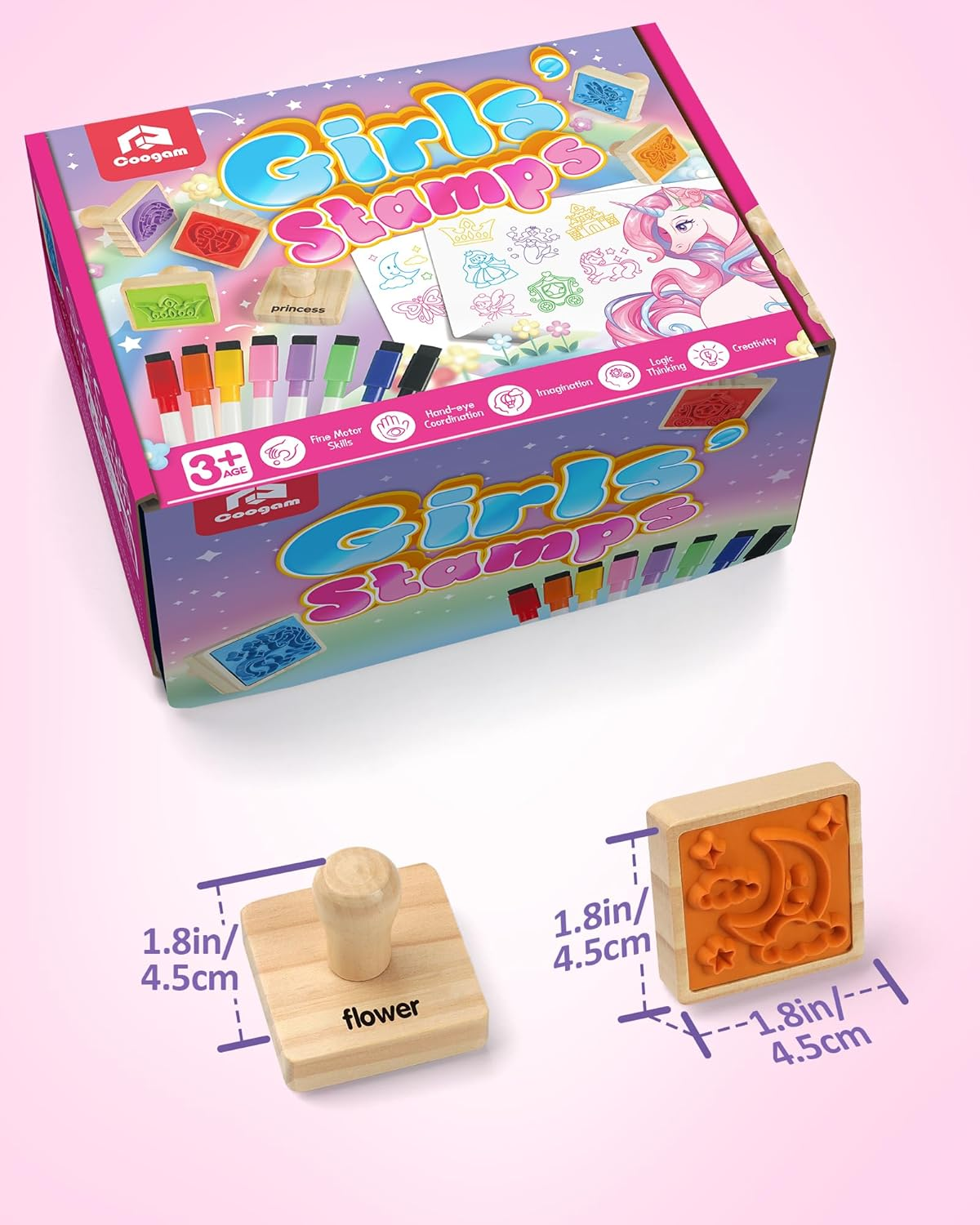 Coogam Wooden Stamp for Girls Friendship, 20Pcs Color Shape Unicorn Butterfly Mermaid Stamp Set with Markers, DIY Arts Crafts Printing Stamping Party Favor Toy for 3 4 5 Year Old Kids image number 4