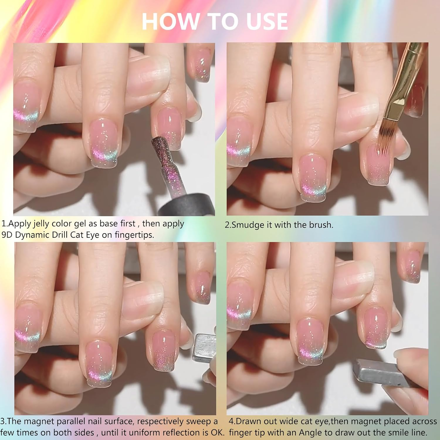 CHARM for YOU Cat Eye Gel Nail Polish, 9D Magnetic Cat Eye Gel Polish Set with Magnet Stick ,Crystal Holographic Effect ,Shiny Glitter Laser Cat Eye Polish 6Pcs for Home DIY Manicure Nail Salon (9D Dynamic Drill Cat Eye) image number 3