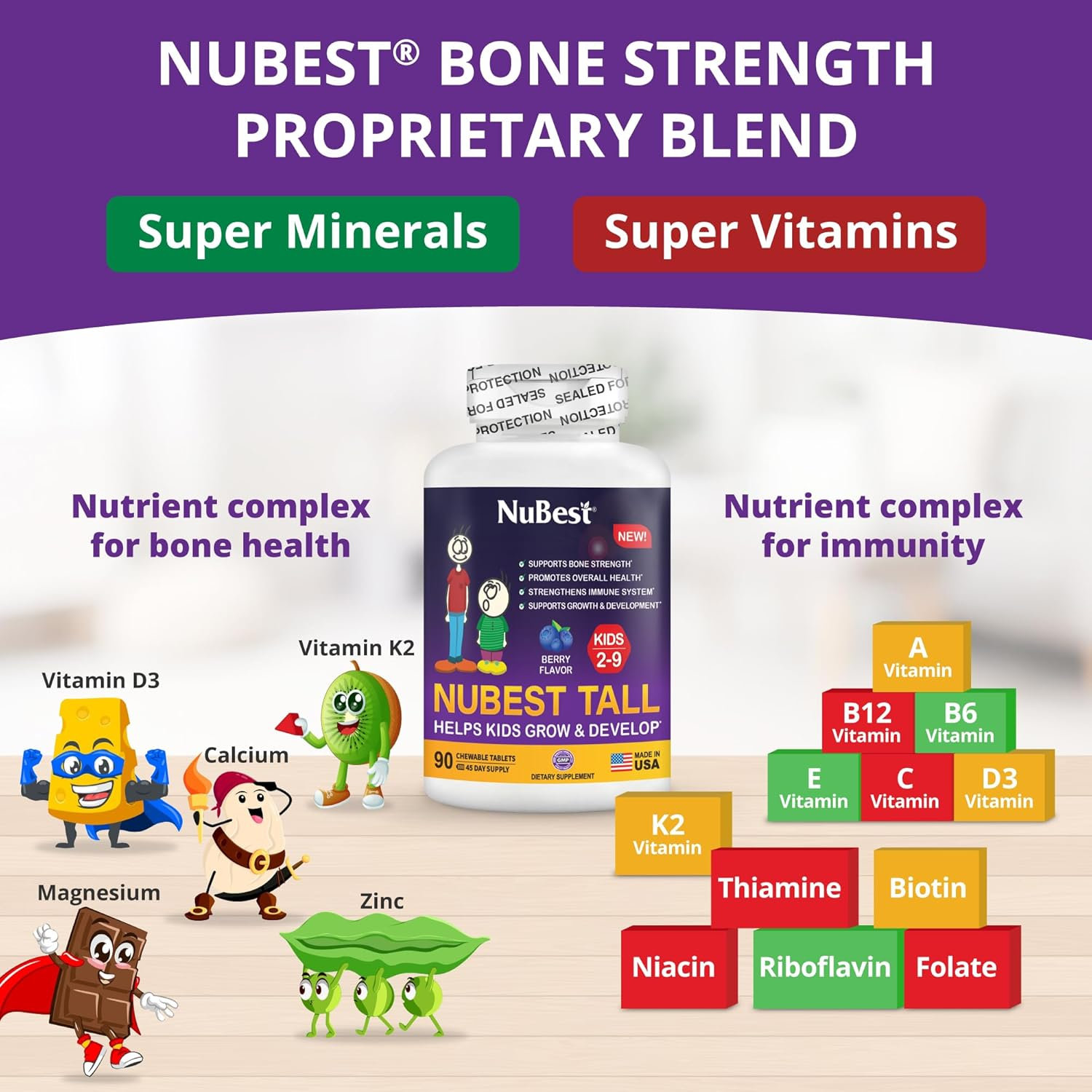 Nubest Tall Kids - Helps Kids Grow & Develop Healthily - Immunity & Bone Strength Support - Multivitamins & Minerals for Kids Ages 2 to 9 - Animal Shapes - 90 Chewable Berry Tablets | 1.5 Month Supply image number 5