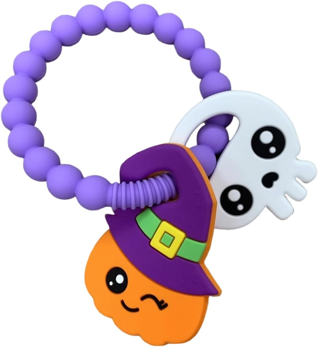 NNAKLLI Halloween Baby Teething Toys, Food Grade Silicone Teether for 3-12 Months, Textured Sensory Chewing Ring for Infants & Toddlers, Boo Basket Stuffer, Great for Baby&rsquo;S First Halloween (Pumpkin & Skeleton) image number 2