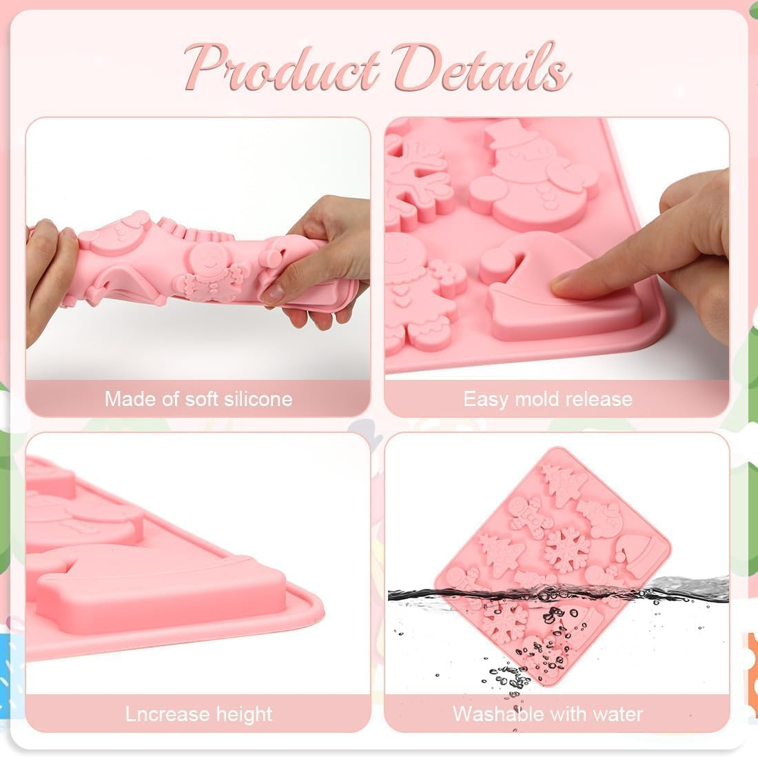 Christmas Silicone Molds,2 PCS 12 Cavities Candy Baking Molds,For Mini Cakes, Handmade Soap, Chocolate, Jello, Candy and Candles,With Snowflake Gingerbread Santa Snowman Molds image number 4