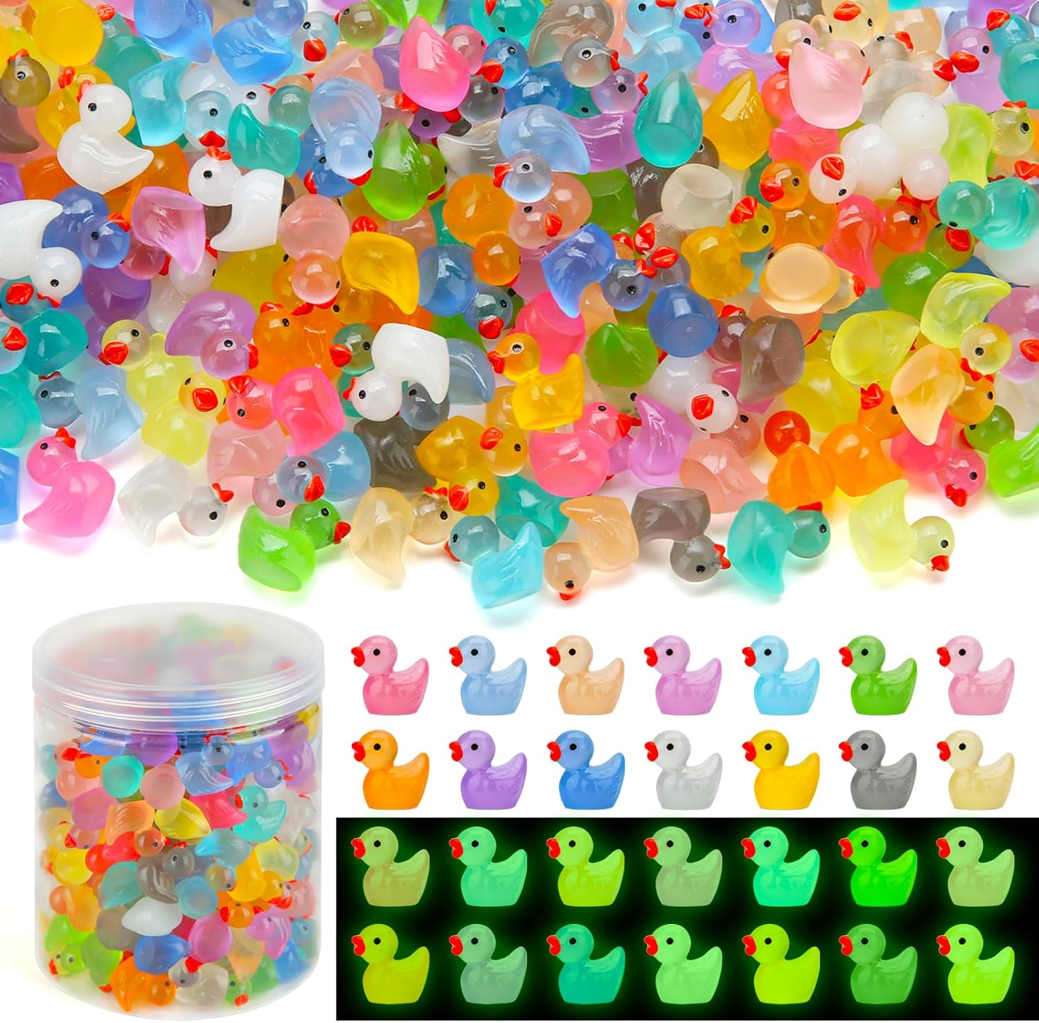GWAHSA 240Pcs Luminous Mini Resin Ducks, Tiny Plastic Miniature Ducks Figures for Dollhouse Decor, Micro Garden, Aquarium, Craft, Gifts, Party Favors, Toys