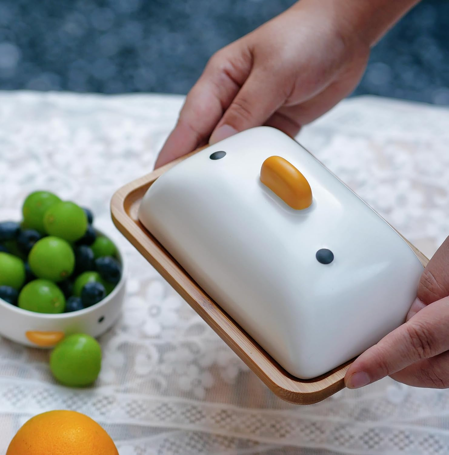 PURROOM Cute Duck Butter Dishes, Bamboo & Porcelain, White, 7" X 4.7" with Ceramic Lid image number 5