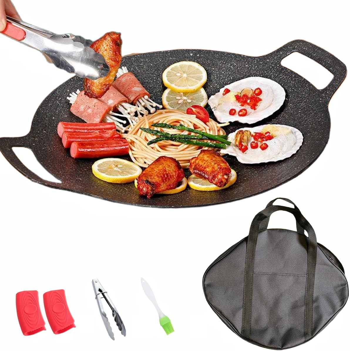 Korean BBQ Grill Pan Set, Cast Iron Grill, Portable Non Stick Smokeless BBQ Cast Iron Griddle/Pan, Barbecue Hot Plate Korean Grill Pan, with Handles & Bag for Indoor Outdoor Camping Grilling (30Cm)