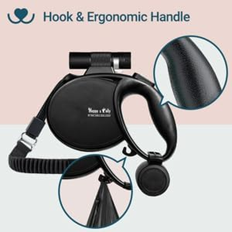 Happy & Polly 4 in 1 Dog Leash Retractable Dog Leash Heavy Duty 16.4 Ft Dog Walking Leash with Flashlight Detachable/Protective Bungee Leash/Magic Box for Small Medium Dogs - Black image number 2