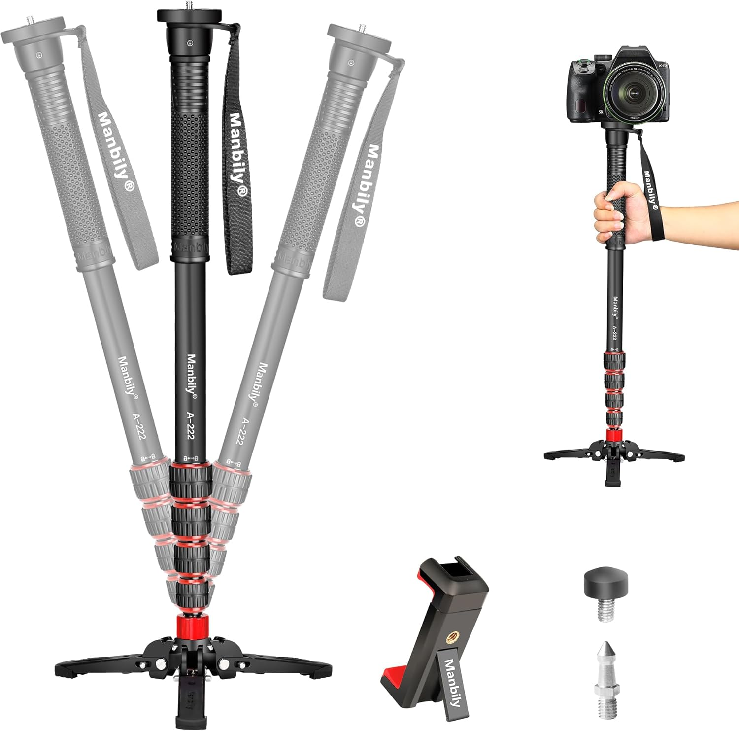 Manbily Extendable Camera Aluminum Monopod with Feet, 170Cm Monopods for Cameras Portable with Removable Tripod Base for DSLR Canon Nikon Sony Video Camcorder, 5 Sections, Max Load 15.5 Lbs (A-222)