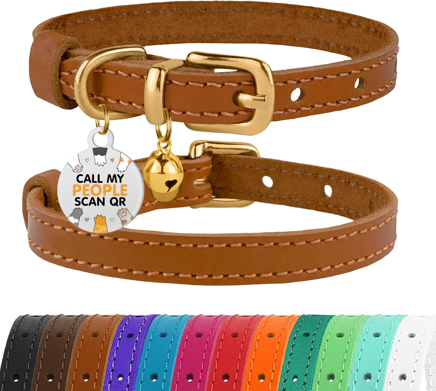 BRONZEDOG Leather Cat Collar with Removable Bells Non Breakaway Kitten QR Tag for Girl Boy (7" - 9" for Cats, Blue & Silver)