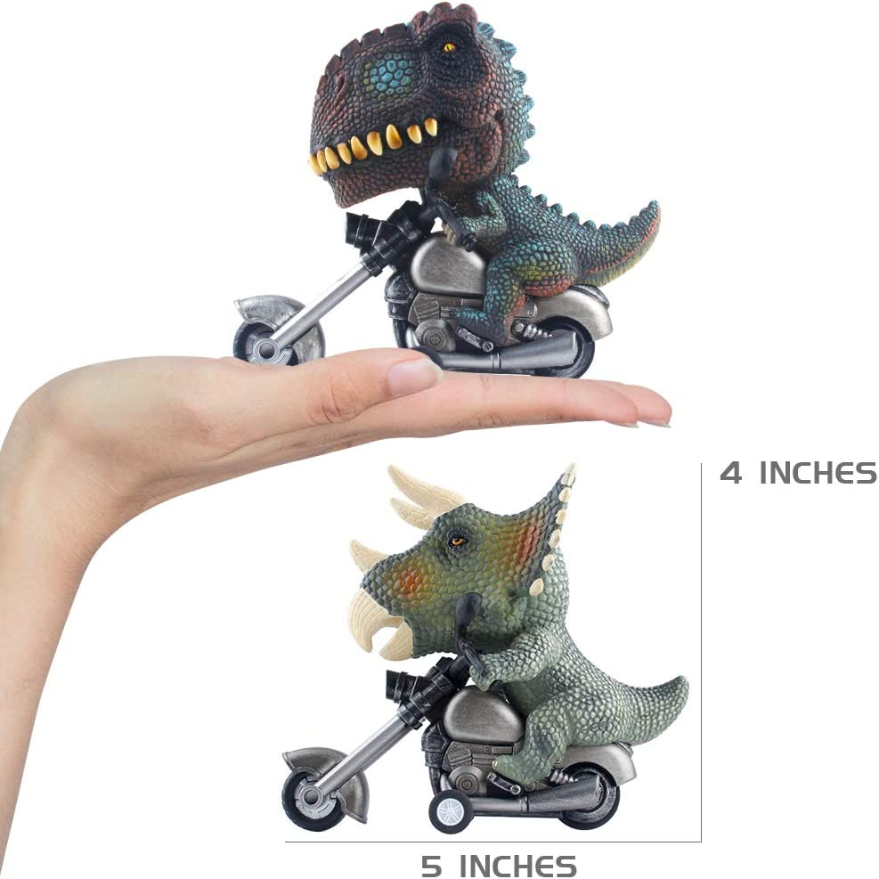 DINOBROS Dinosaur Toy Cars 2 Pack Friction Powered Motorcycle Game T-Rex and Triceratops Monster Dino Toys for Boys Age 3,4,5,6,7
