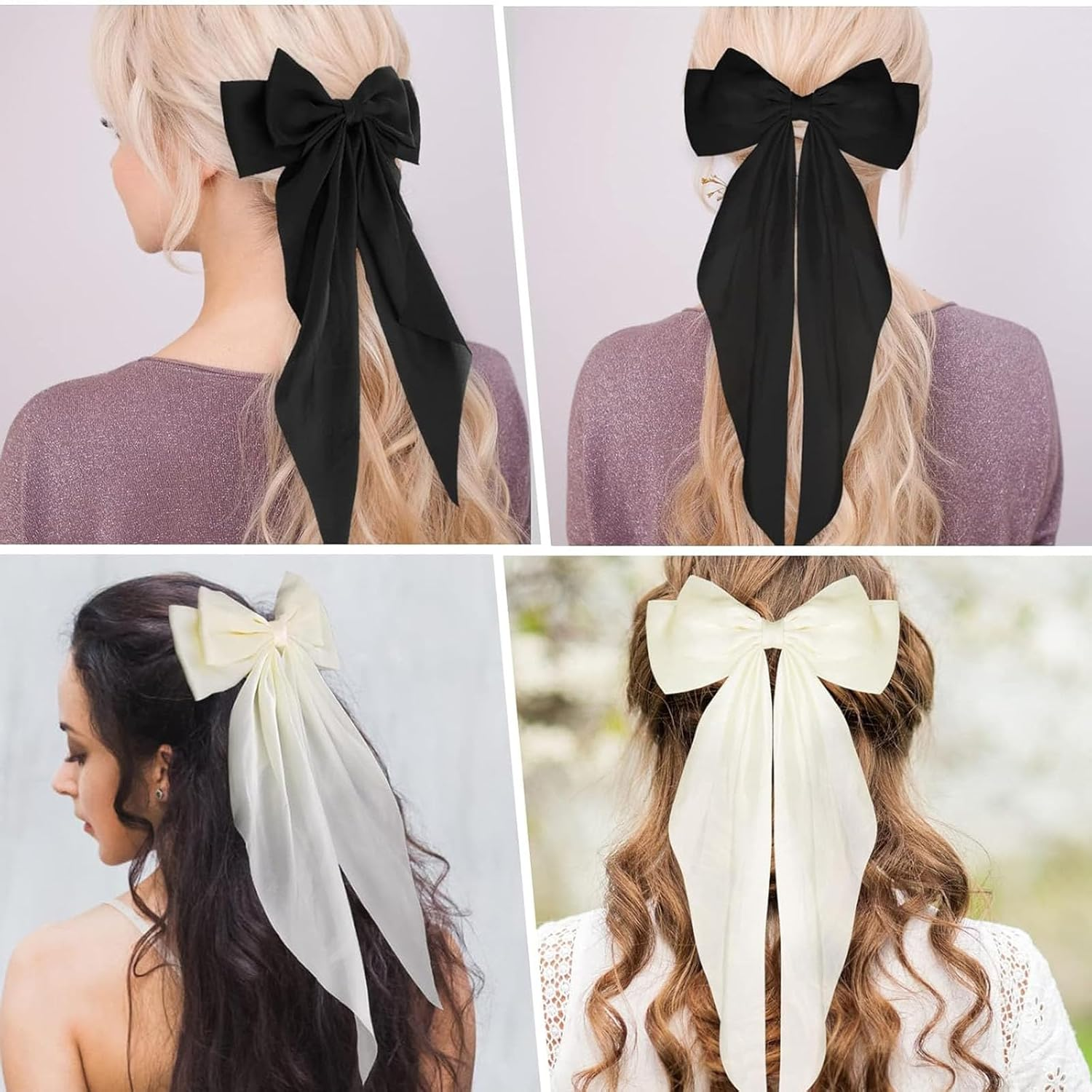 Hair Clips, 2 Pieces with Large Bow, Soft Silky Satin Hair Clip, Long Tail, French Ribbon Hair Pins, 90S Bowknot Clips for Party, Christmas, Women (Black + Beige) image number 6
