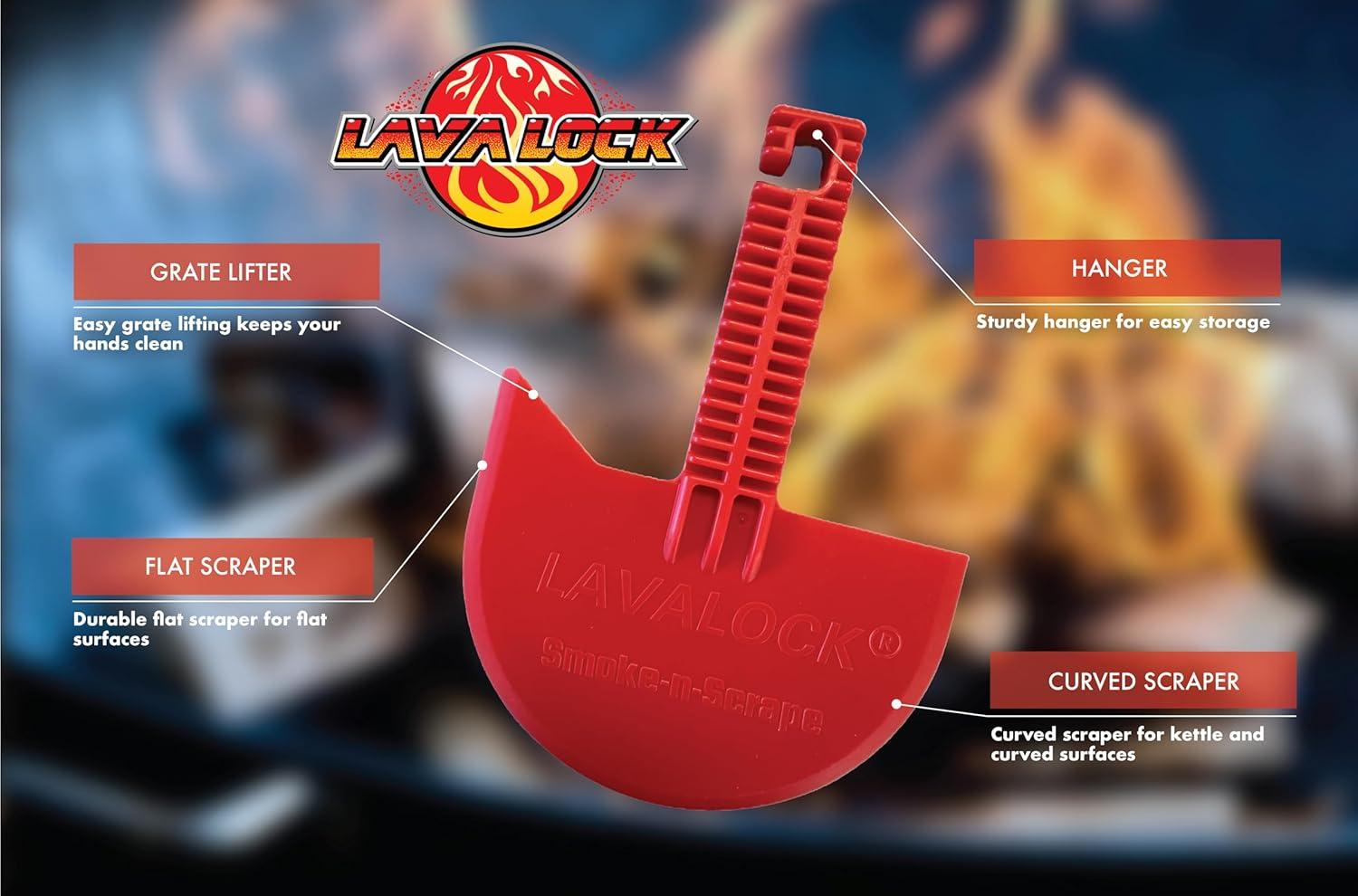 Lavalock Smok-N-Scrape Grill and Smoker Scraper, Residue Remover Cleaning Tool for Weber Kettle, Weber Smokey Mountain, UDS, WSM (Red Smoke-N-Scrape) image number 4