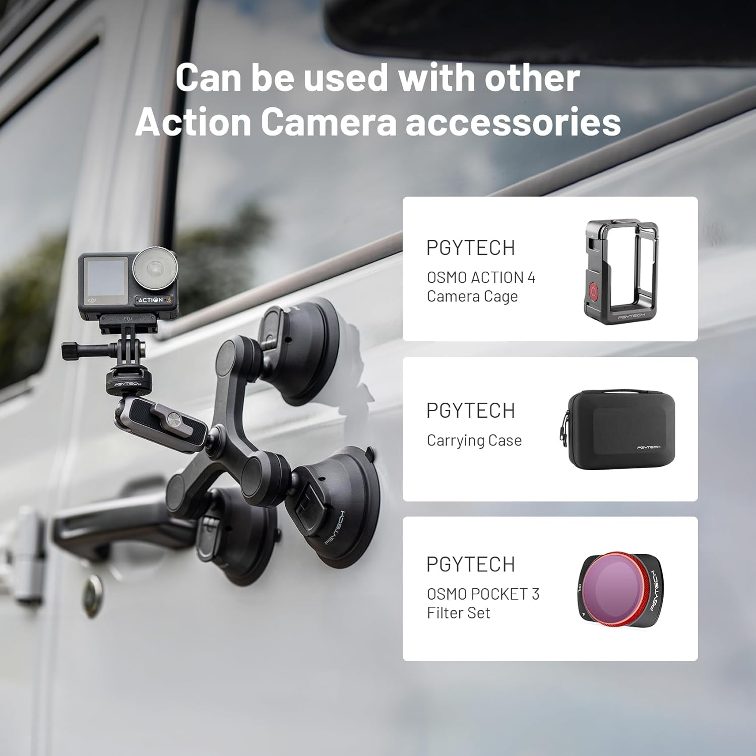 PGYTECH Caplock Triple Suction Cup Car Mount for DJI OSMO Action 5 Pro/4/3, for Gopro 13/12/11/10 with 1/4"-20 Standard Thread Adapter, Compatible with Insta360 Ace Pro 2/X4/X3, for OSMO Pocket 3/2