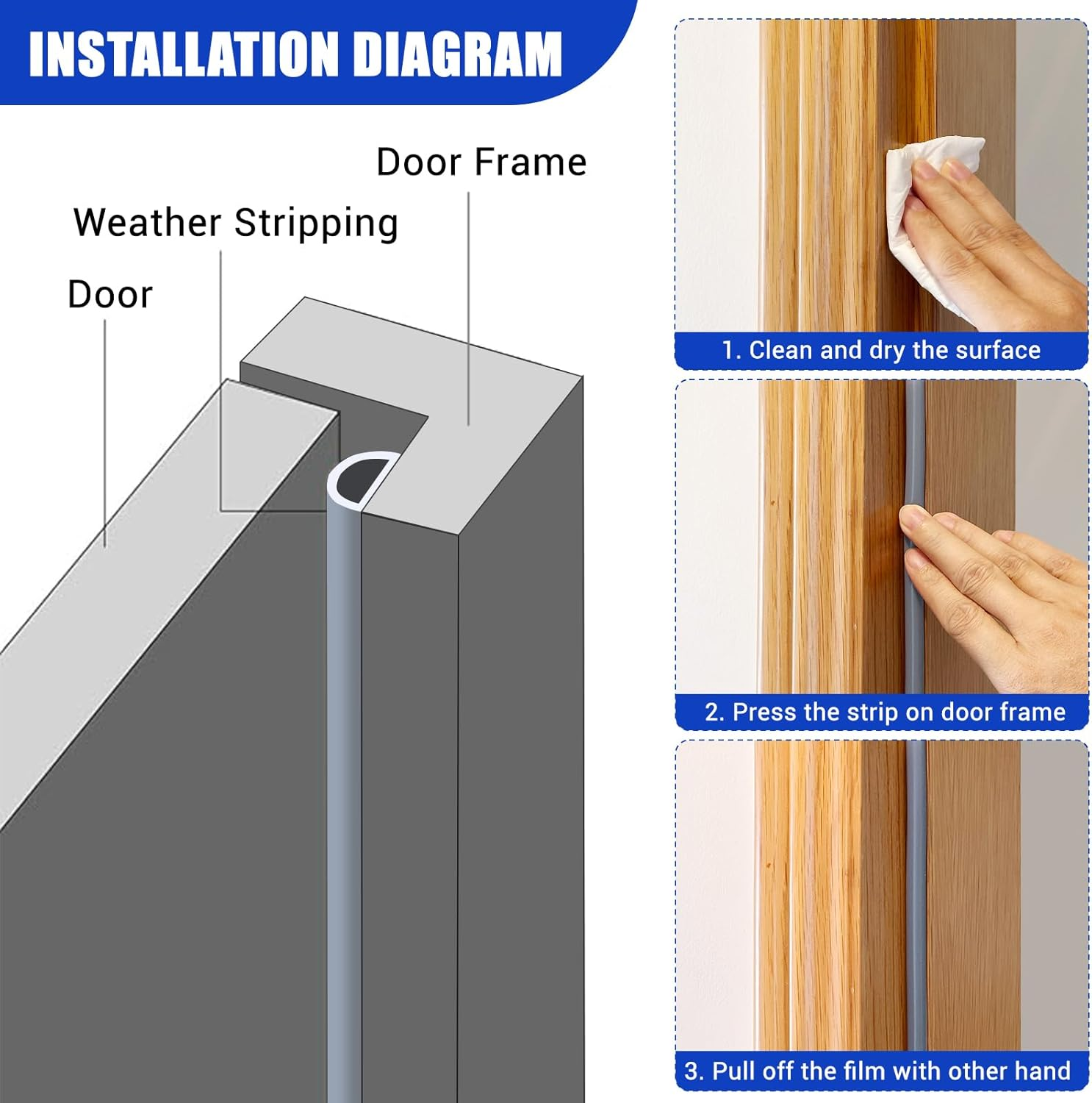 Weather Stripping Door Seal, Self Adhesive Silicone D Shaped Weather Strip, Door Seal Strip for Door Frame/Window Seal, 20Ft, Grey (3/8" W &times; 1/4" T) image number 6