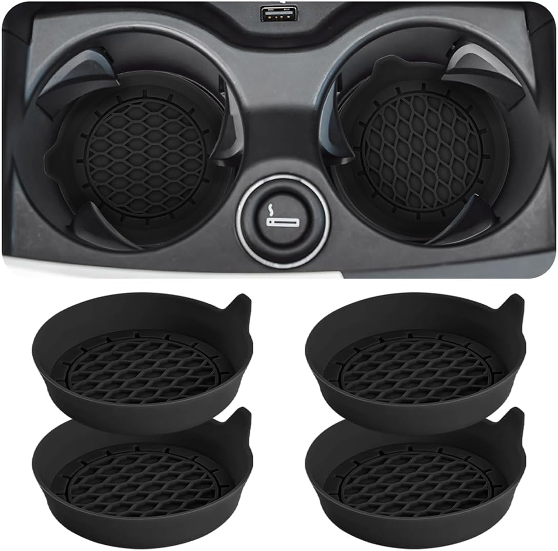 4PCS Car Cup Holder Coasters, Silicone Non-Slip Vehicle Cup Recessed Mats, Sift-Proof Automotive Interior Drink Insert Decor Accessories, Universal for SUV, Sedan, Truck (Black)